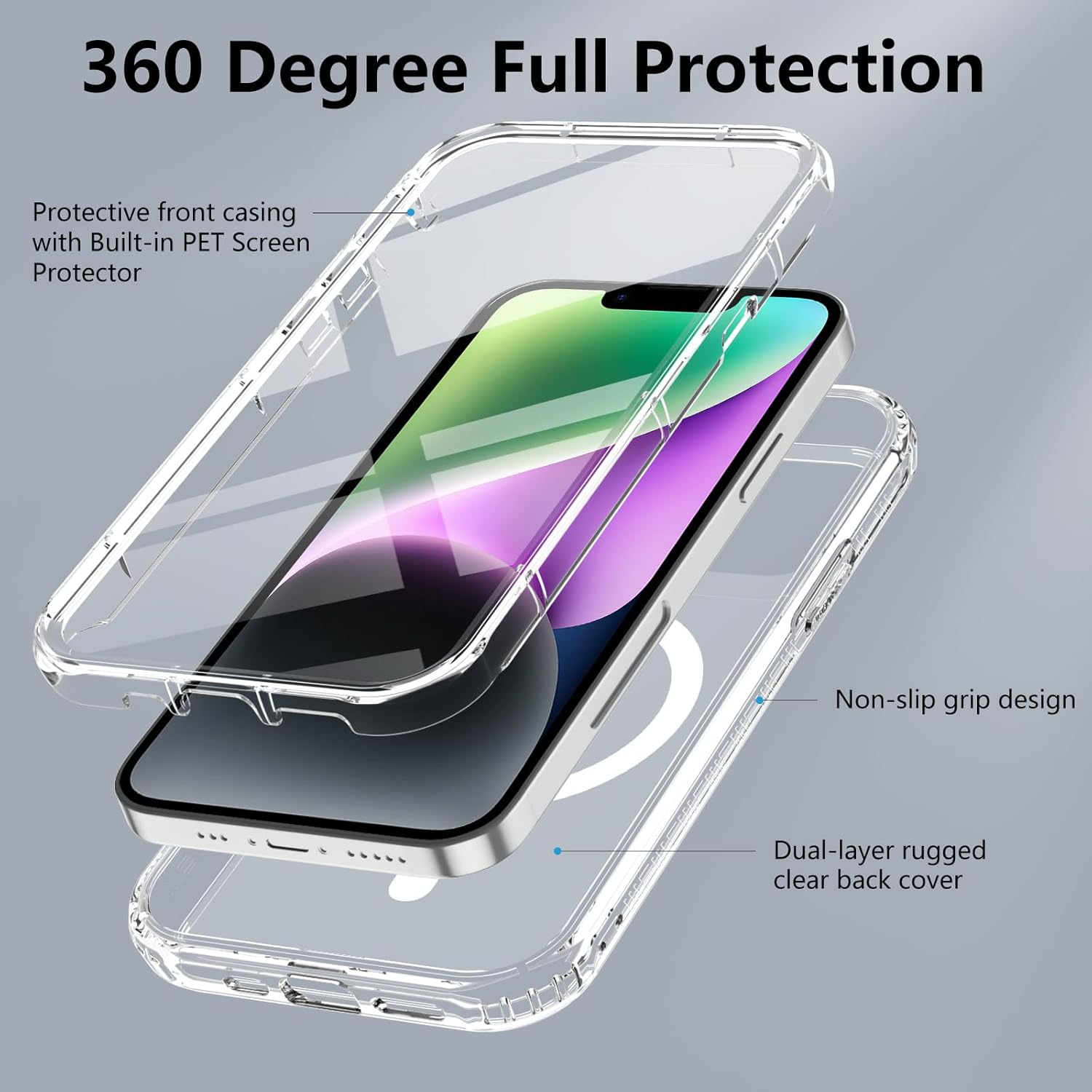 Thumbnail 1 de XTCASE Coque iPhone 14 magnétique compatible MagSafe transparente avec protection d’écran intégrée