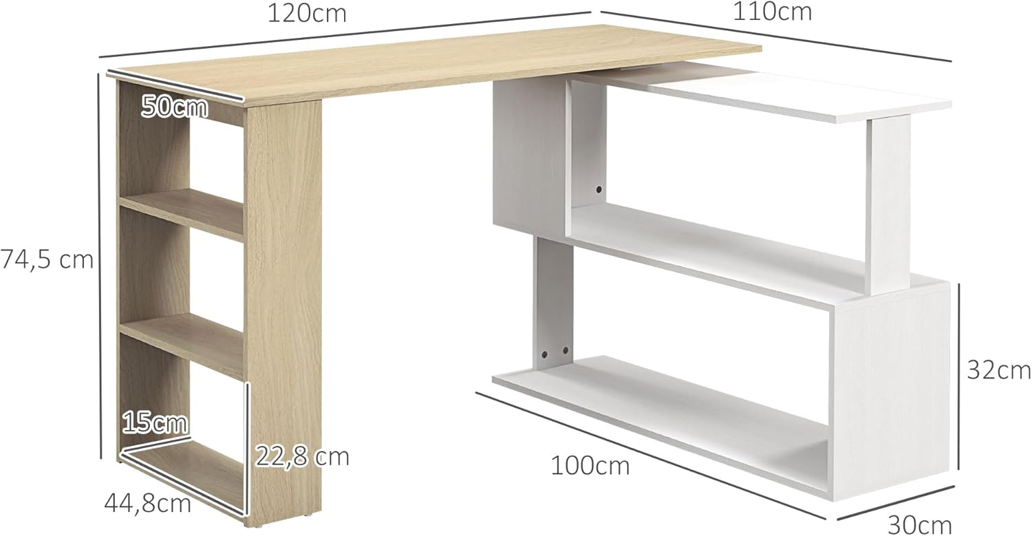 Detalle de HOMCOM Bureau d'angle Table de Salle à Manger avec Rangement modulable et bibliothèque intégrée (Blanc et Bois naturel)