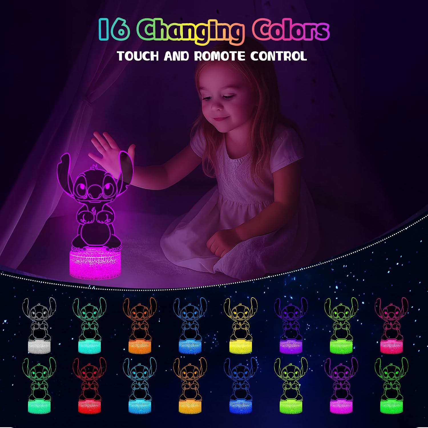 Detalle 2 de Stitch Night Light 16‑Colour 3D