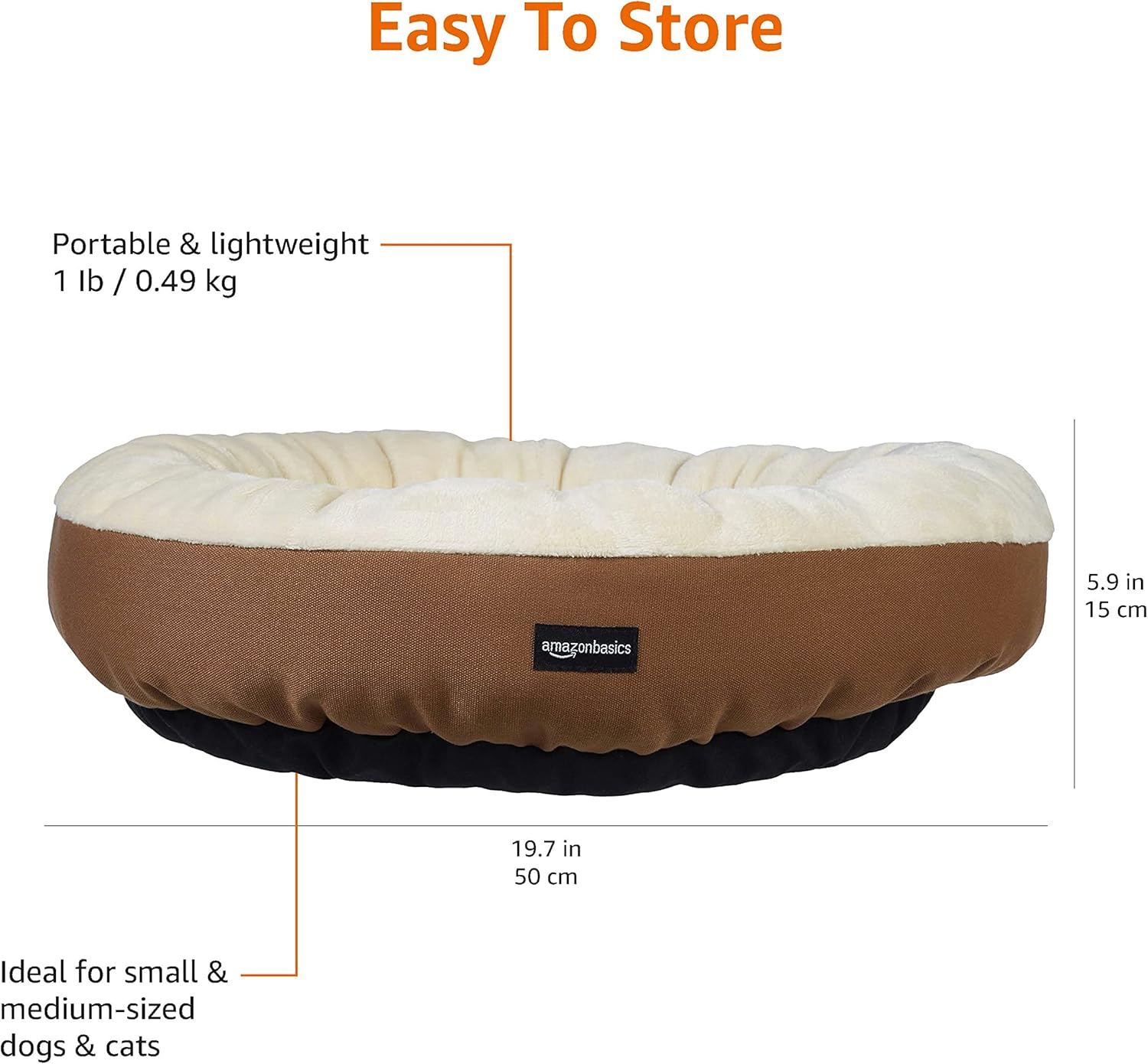Thumbnail 4 de Amazon Basics Round Bolster Pet Bed for Dog or Cat with Flannel Top (50 x 50.8 x 15.2 cm) – Brown and Ivory
