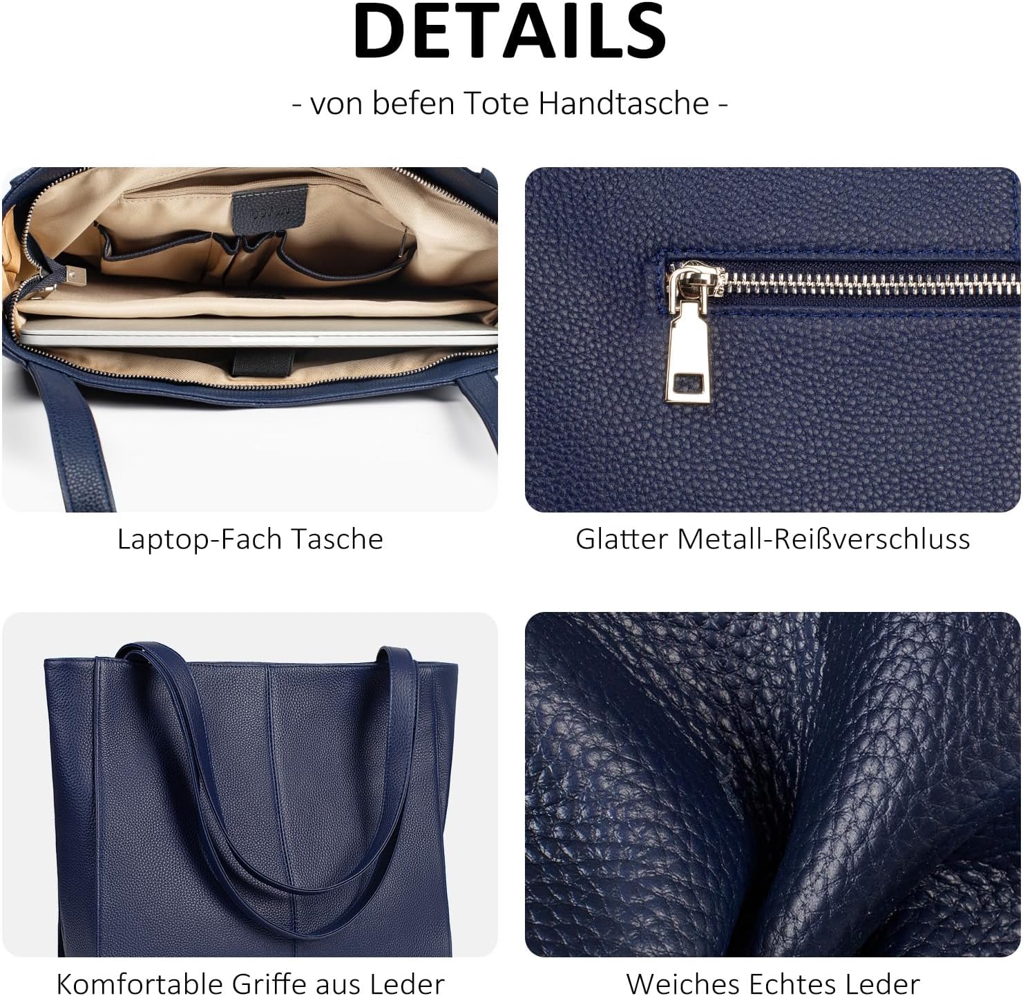 Thumbnail 4 de befen Echtleder Handtasche Damen Groß Shopper mit 14 Zoll Laptopfach – stilvoll, robust und alltagstauglich