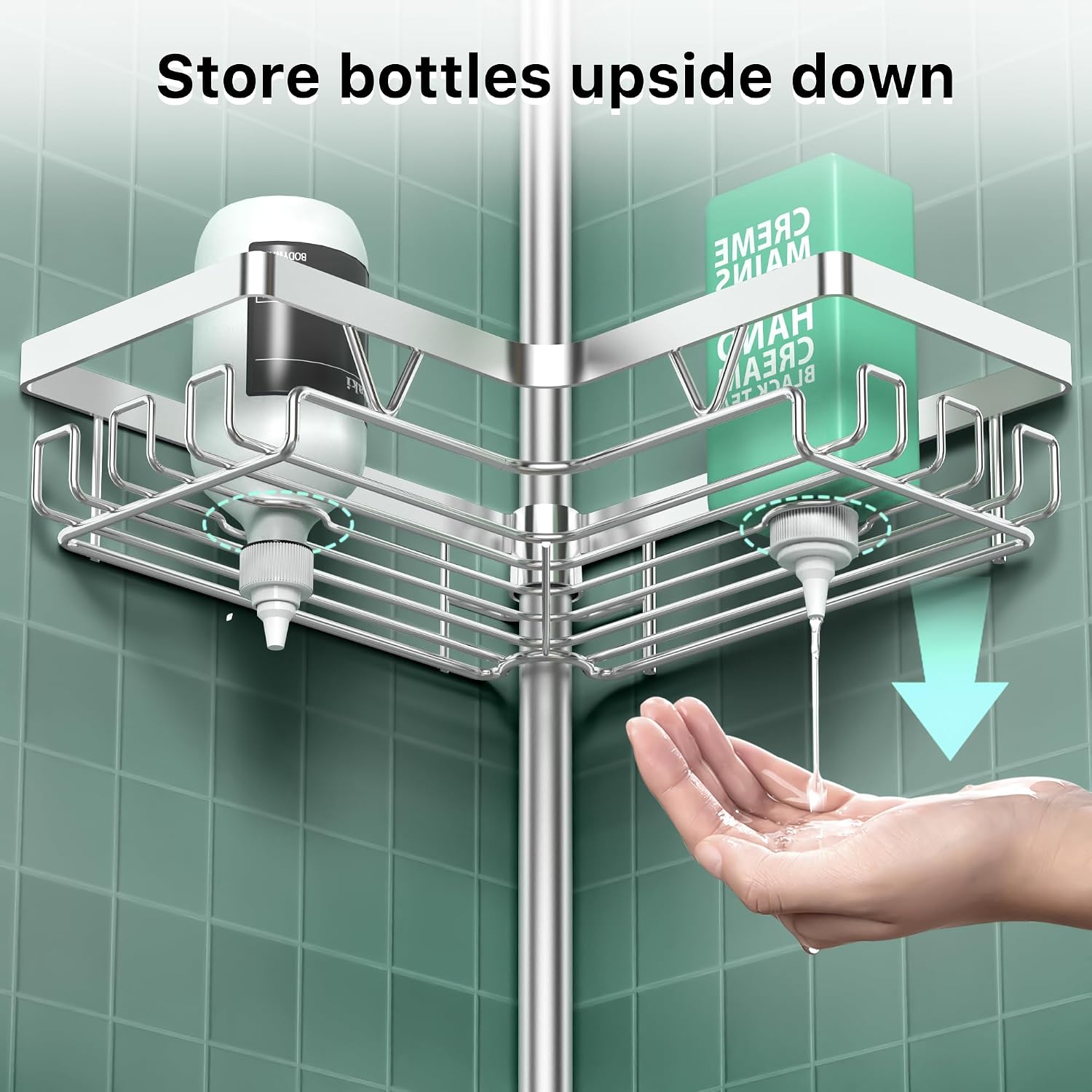 Detalle de Cooeco Corner Shower Caddy with 4 Baskets (height adjustable telescopic pole, no-drill, rustproof)