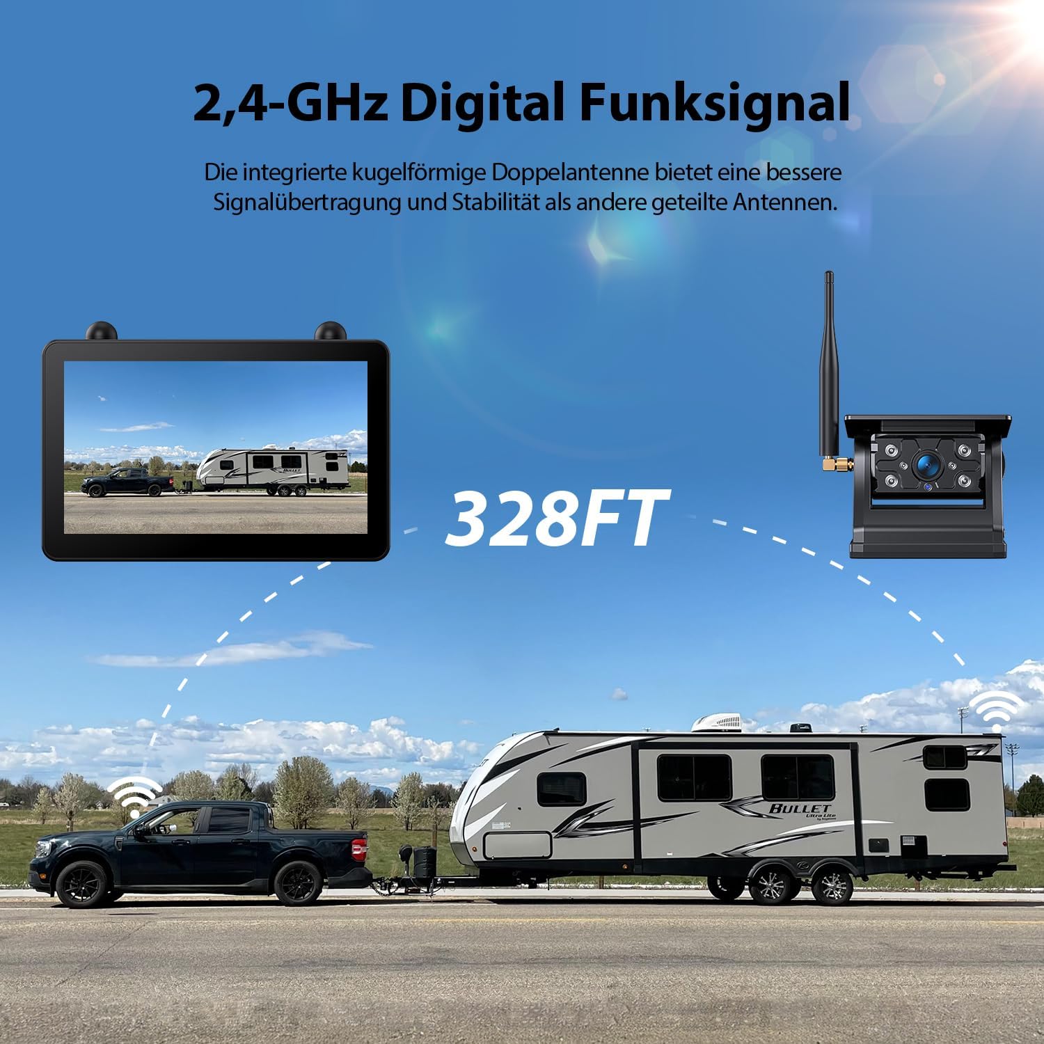 Detalle de ZEROXCLUB Rückfahrkamera kabellos Solar mit 7" Touchscreen (1080P) und 12.000-mAh-Akku