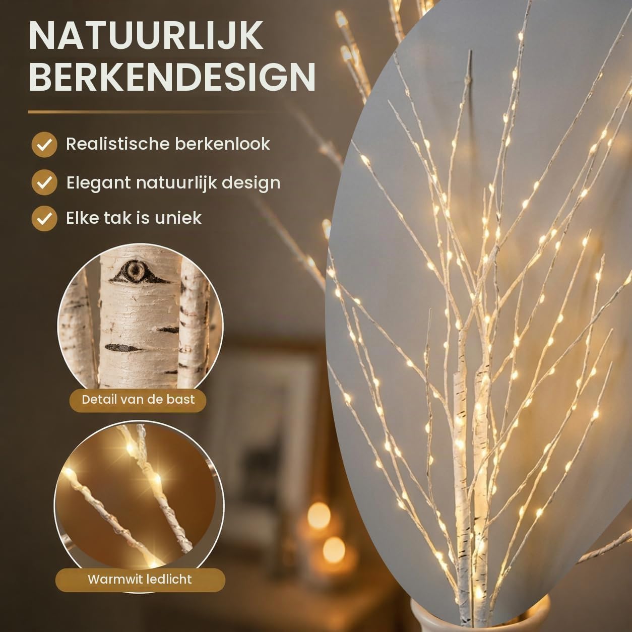Detalle de Afaiup XRD-01 set van 2 led-berkentakken, 70 cm, 132 warmwitte leds