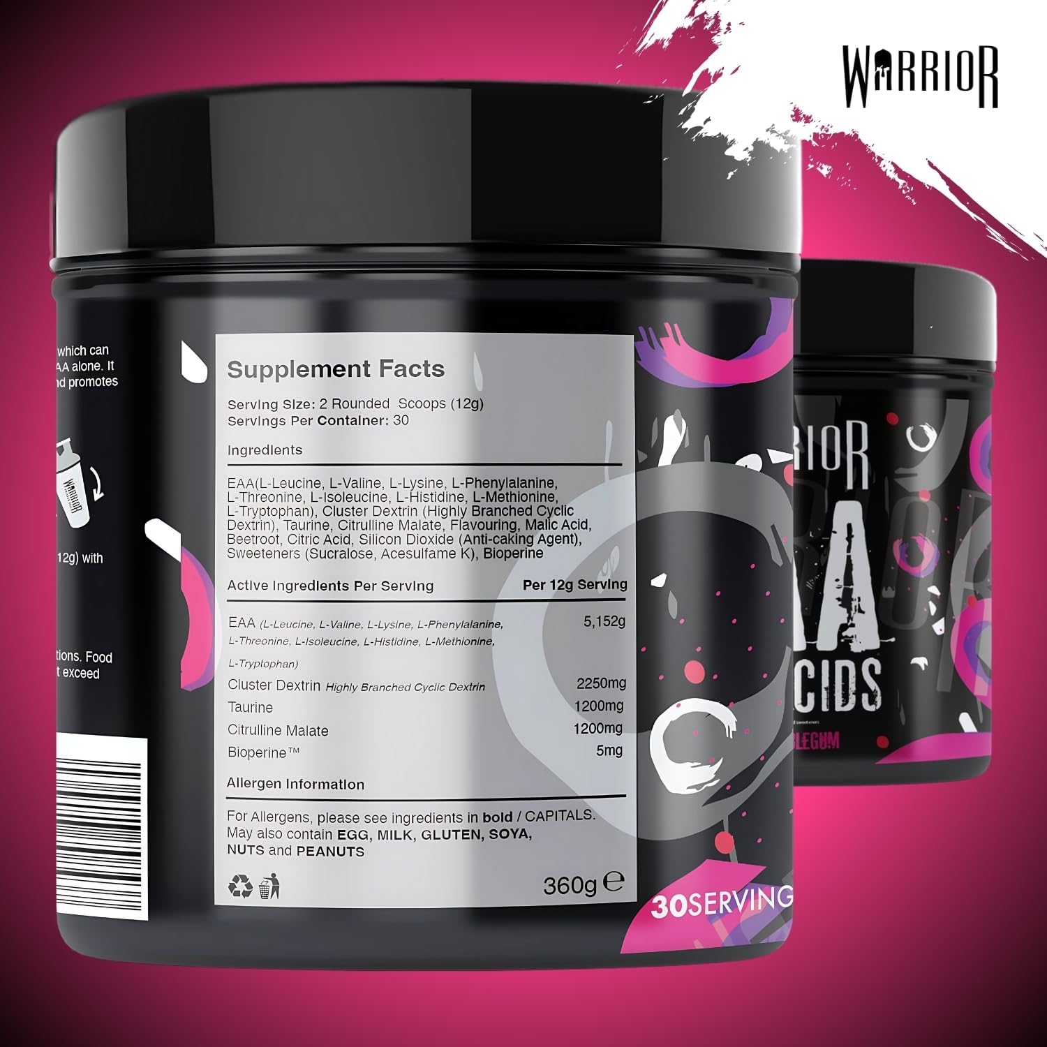 Thumbnail 2 de Warrior EAA Aminosäuren Pulver (360 g, 30 Portionen) – zuckerfrei & vegan, Trauben-Bubblegum