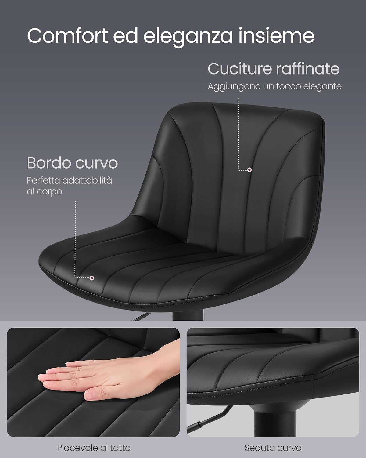 Detalle de VASAGLE Sgabelli da Bar con schienale e Poggiapiedi, Set di 2, Altezza Regolabile 60–80 cm, Girevoli a 360°, Nero Inchiostro LJB181BH01