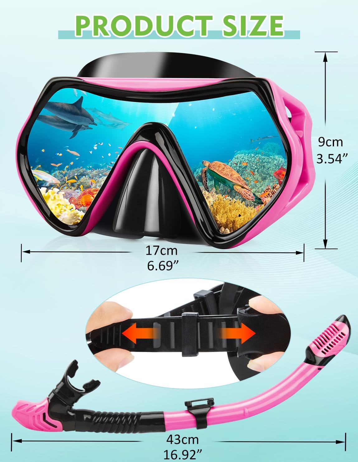 Detalle 2 de Hydomi Snorkel Set for Adults – Comfortable Leak-Proof Mask with 180° Panorama and Dry Top Snorkel