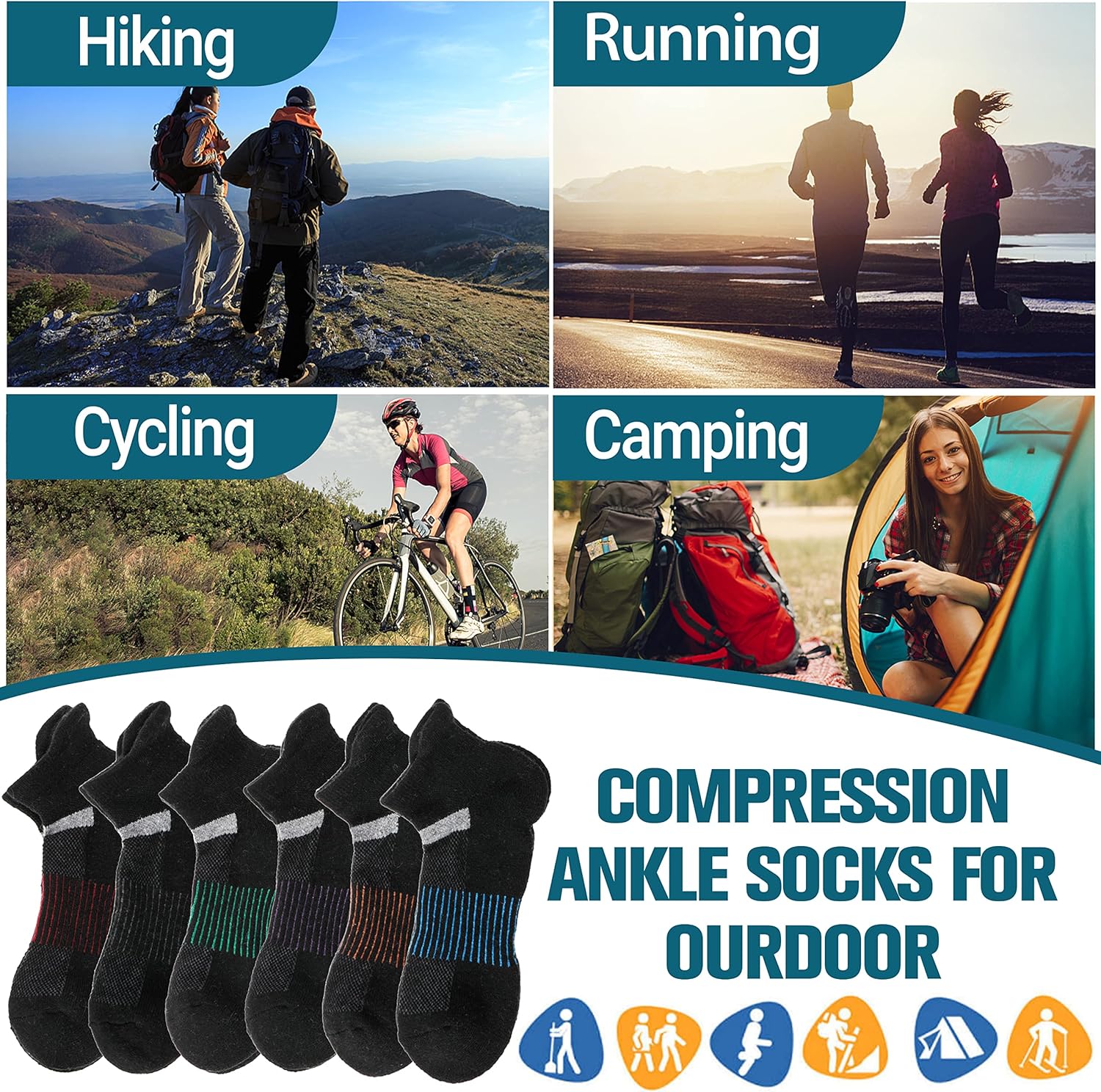 Thumbnail 6 de 6 Pairs Merino Wool Ankle Running Hiking Socks with Compression Support