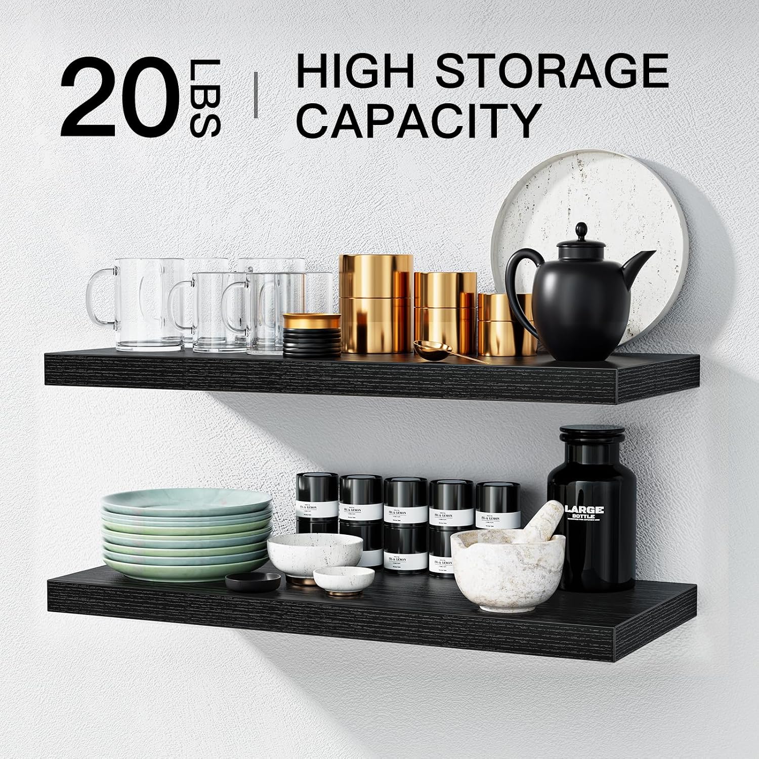 Detalle de STOREMIC Floating Shelves Black 60cm (Set of 2) – Easy to install wall shelves for bedroom, bathroom, office and living room