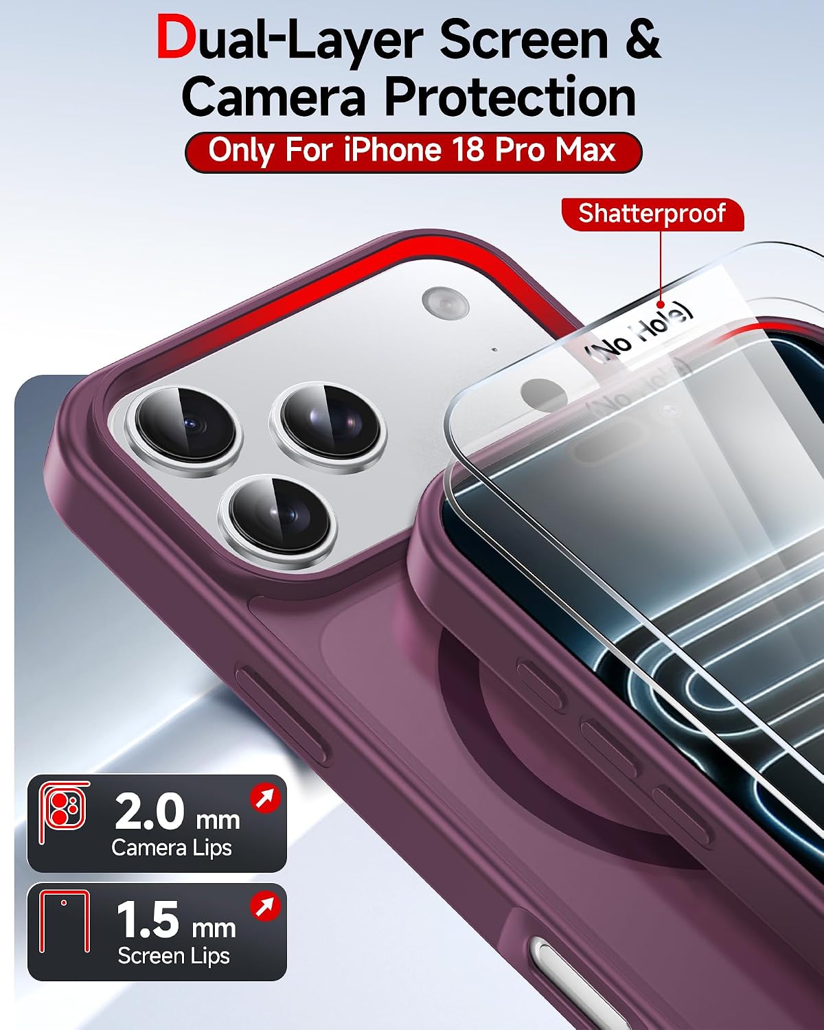 Thumbnail 3 de LeYi MagSafe Case for iPhone 18 Pro Max with 2 Screen Protectors, Burgundy