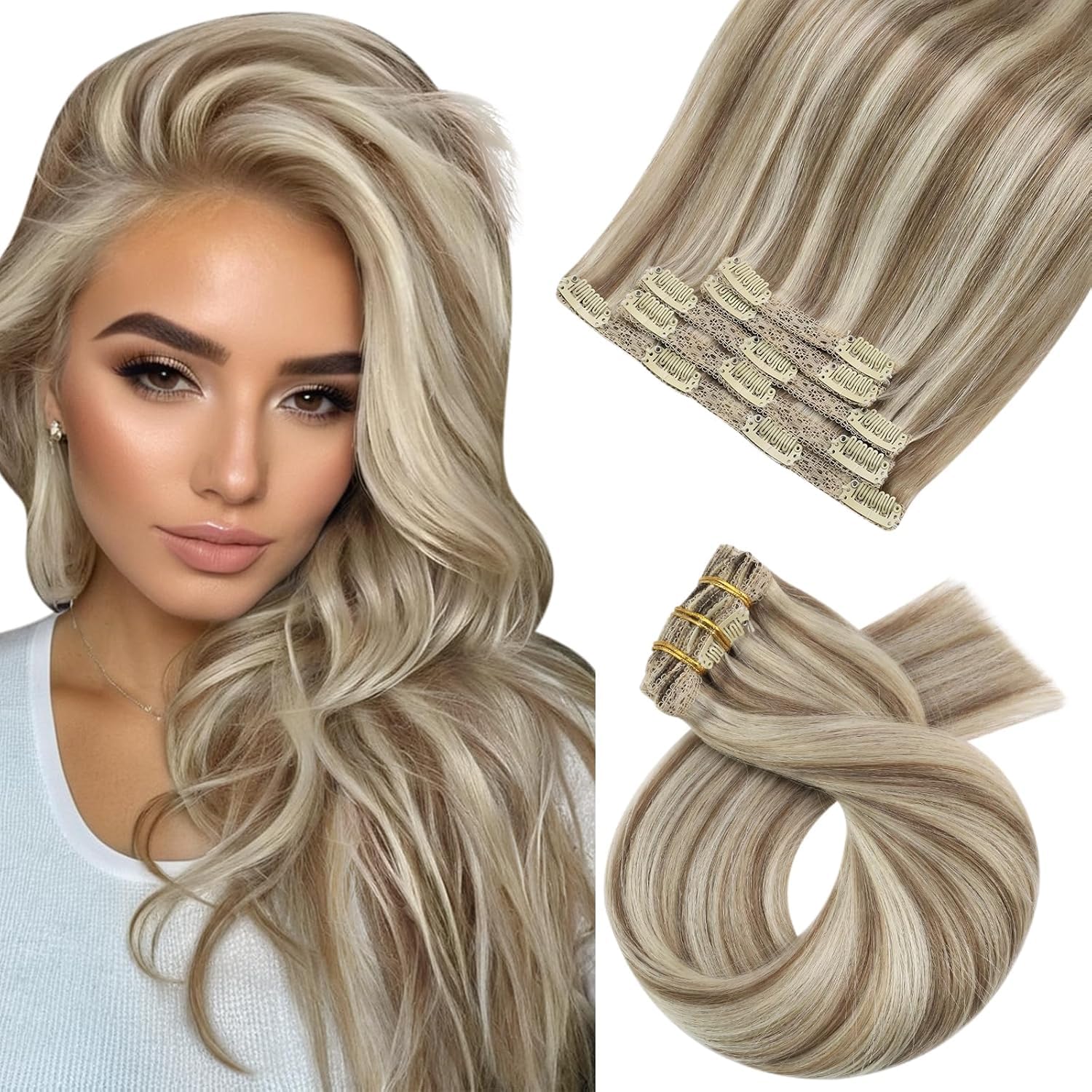 Detalle de Moresoo Clip-in Extensions Echthaar – 50 cm, 7 Stück, 120 g