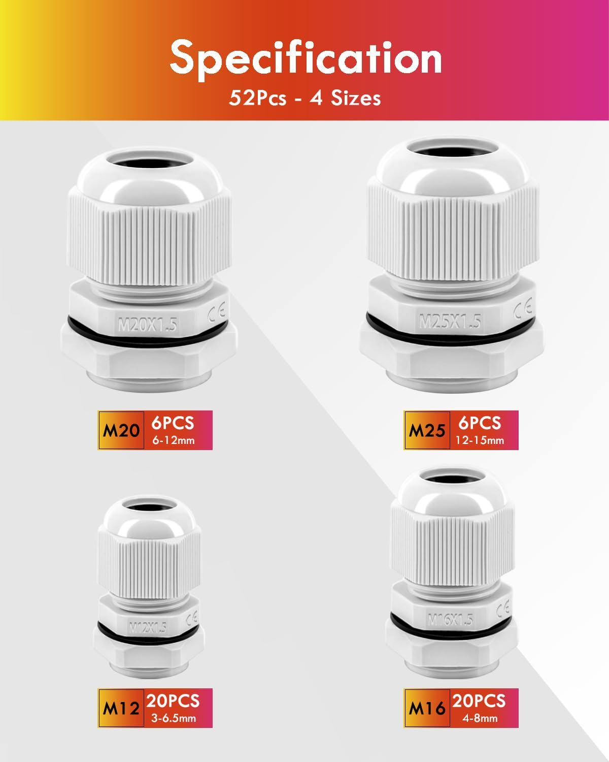 Thumbnail 1 de 52-teiliges Kabelverschraubung-Set (Gorffy) – IP68 wasserdichte Kabeldurchführungen für M12, M16, M20, M25