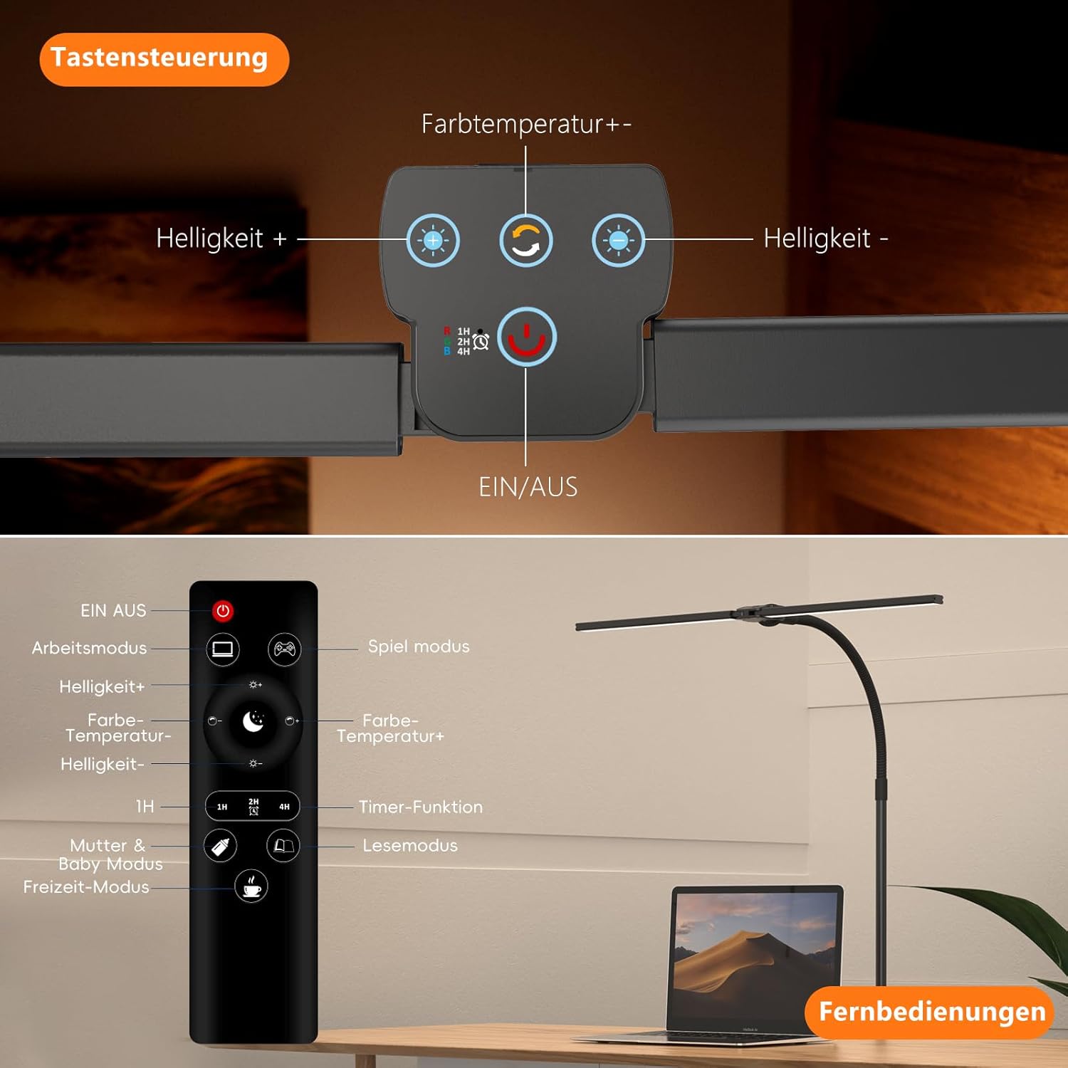 Thumbnail 1 de Doppelkopf Schreibtischlampe LED Dimmbar – 1200 Lumen, 5 Farbtemperaturen, 5 Helligkeiten, Klemme