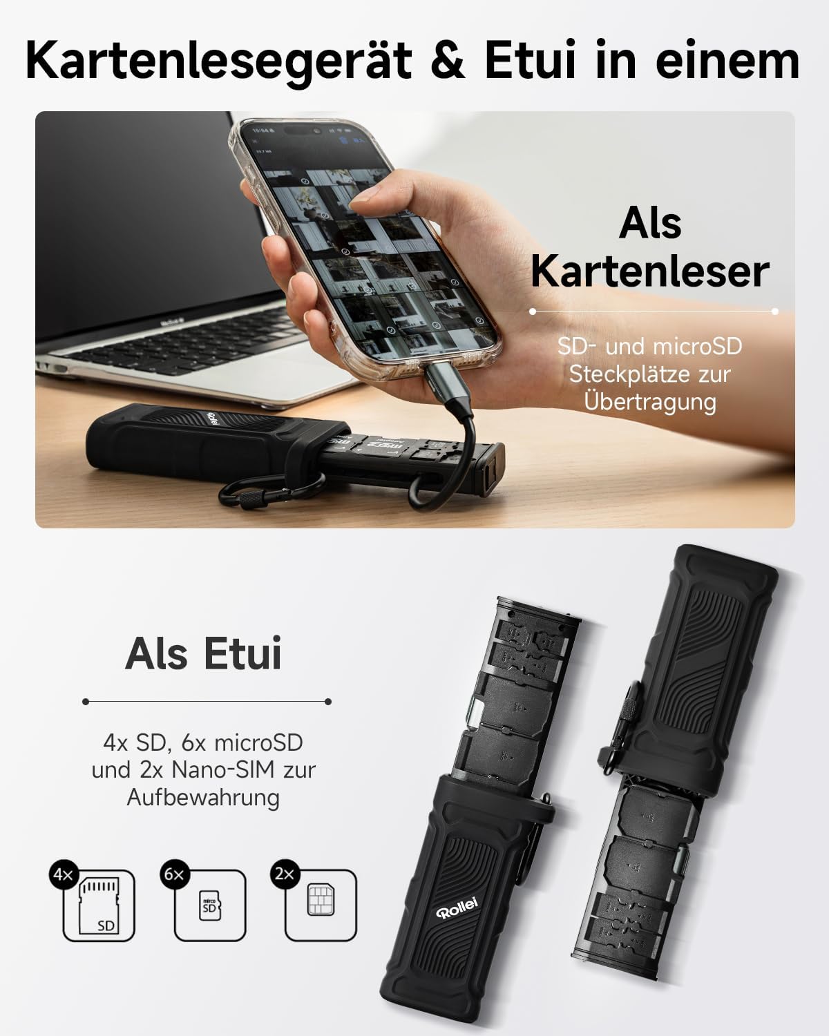 Detalle de Rollei 2 in 1 Travel Kartenlesegerät & Etui – USB-C 3.2 OTG mit Speicherstaurausgleich
