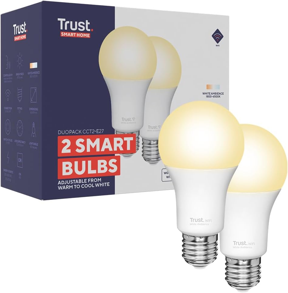 Detalle de Trust WiFi E27 Smart Bulb (Dimmable LED, No Hub) – Warm to Cool White Ambience, Works with Alexa & Google Home, 2 Pack