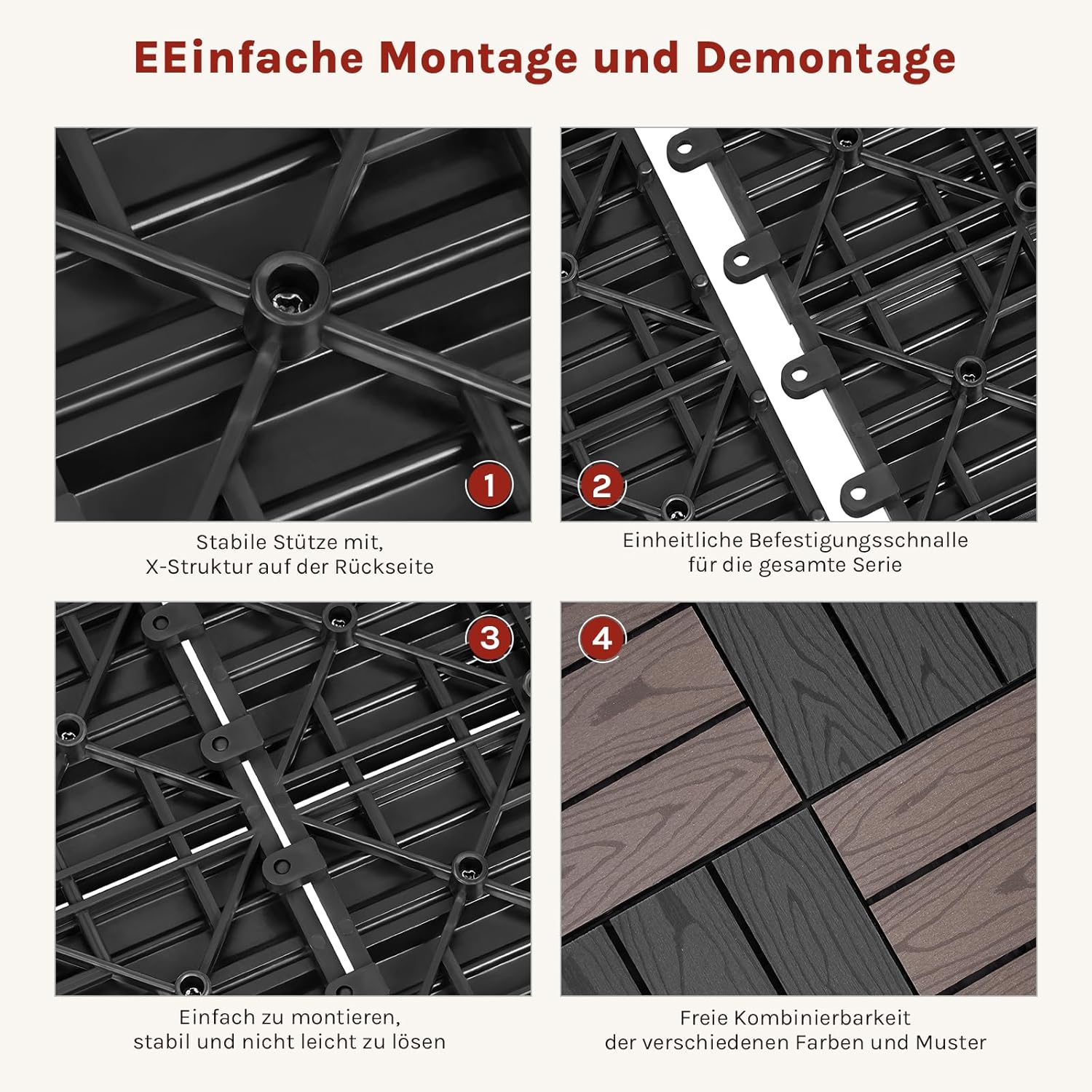 Thumbnail 3 de WOLTU WPC Terrassenfliesen Holzoptik mit Klicksystem (30×30 cm) Anthrazit – Set mit 11 Stück für 1 m²