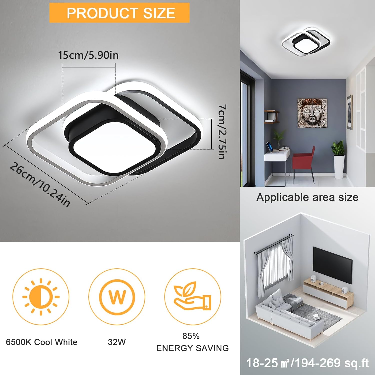 Detalle de Dorlink 2-Square Flush Mount LED Ceiling Light (32W, 2500LM, 6500K, Black & White)