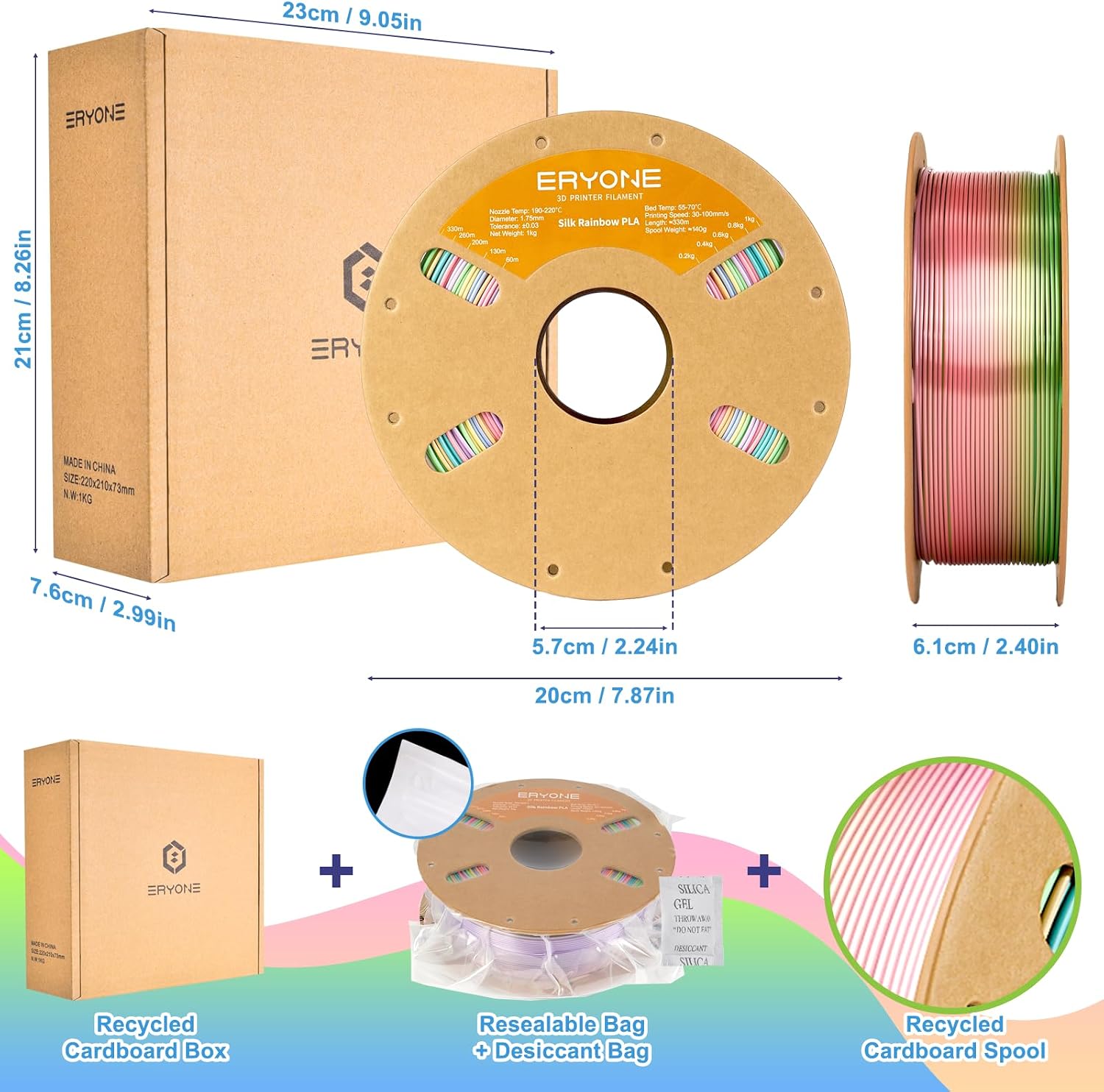 Thumbnail 5 de ERYONE EUMRP Silk Rainbow PLA Filament, 1.75 mm, 1 kg, Metallic Multicolor