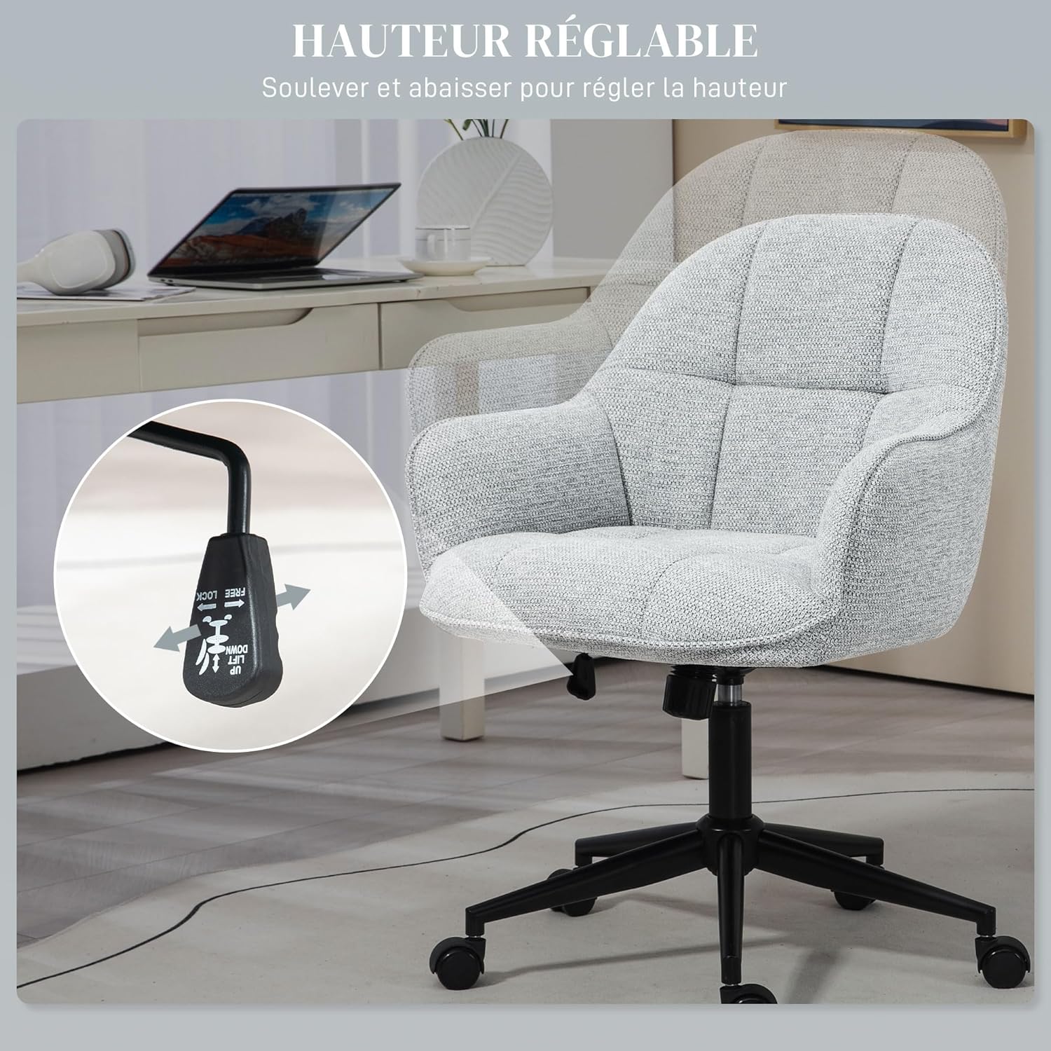 Thumbnail 3 de HOMCOM Fauteuil de bureau gris pivotant 360° à dossier et assise capitonnés, hauteur réglable