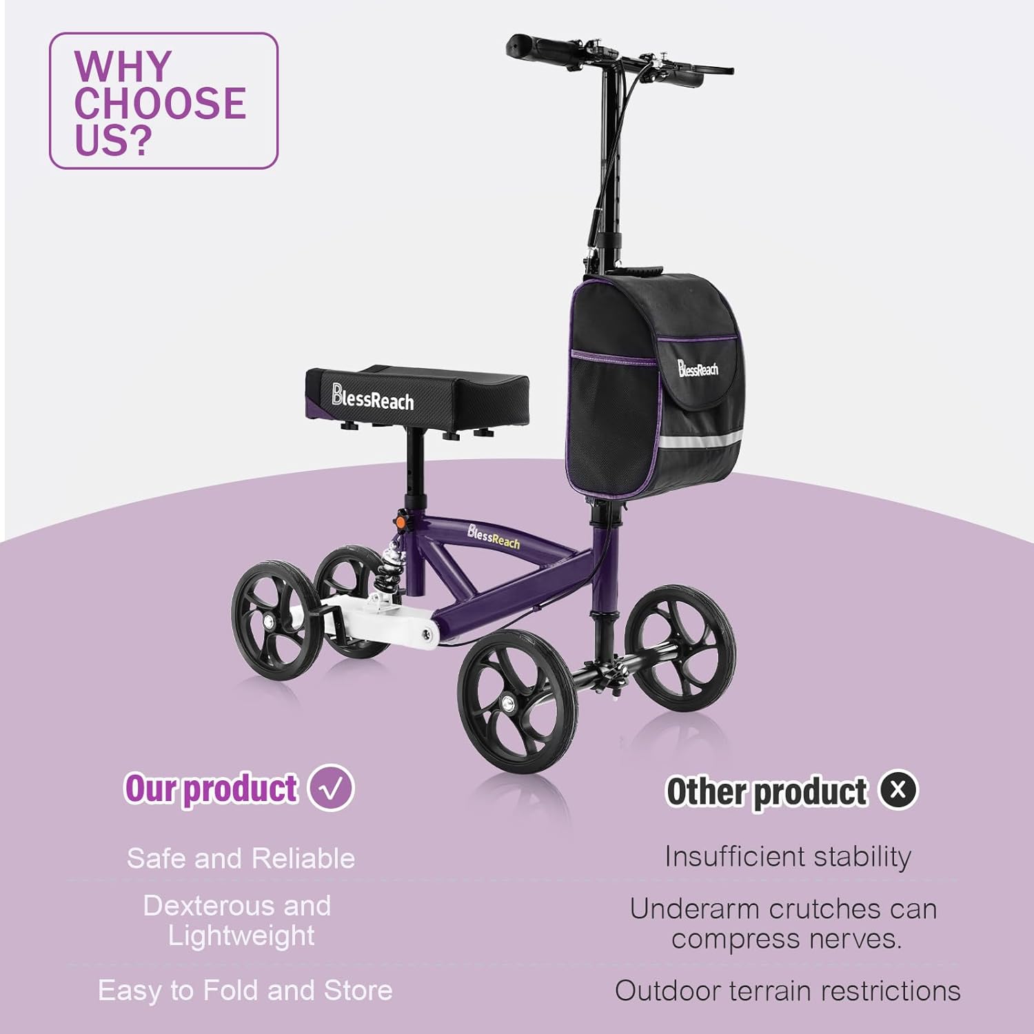 Detalle de BlessReach Steerable Knee Walker Deluxe Medical Scooter (Purple) for Foot Injuries