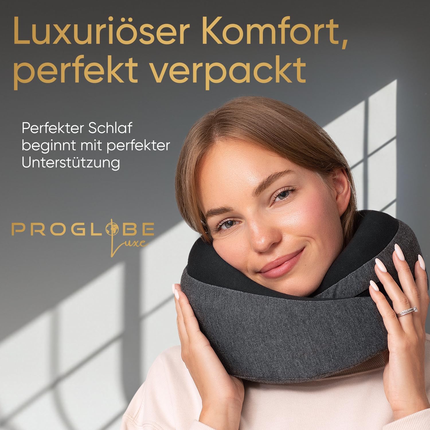 Thumbnail 1 de Proglobe Luxe Memory-Schaum Reisekissen (Aschschwarz) – kompaktes Nackenkissen mit Kinnstütze für lange Strecken