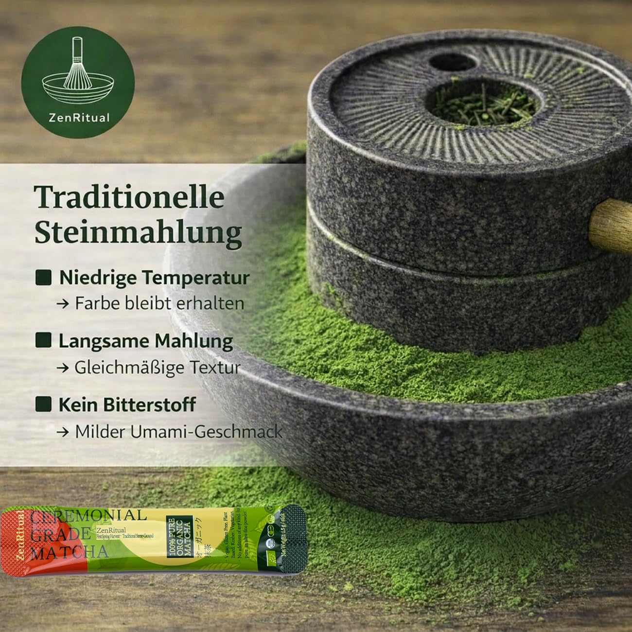 Detalle de ZenRitual Matcha Pulver Zeremonienqualität – 20 Einzeln Portionssticks à 1,5 g, laborgeprüft, zuckerfrei, unterwegs genießen