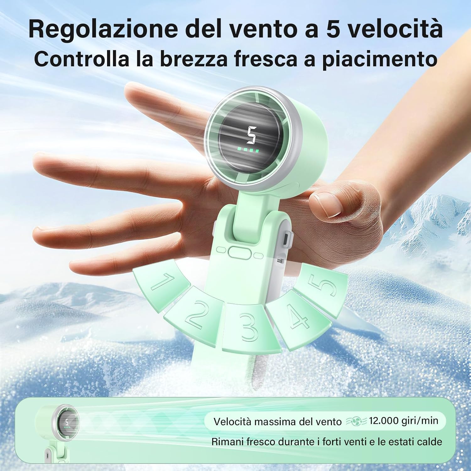 Detalle 2 de KARFUN Ventilatore Portatile: Mini, pieghevole a 180°, ricaricabile e compatto