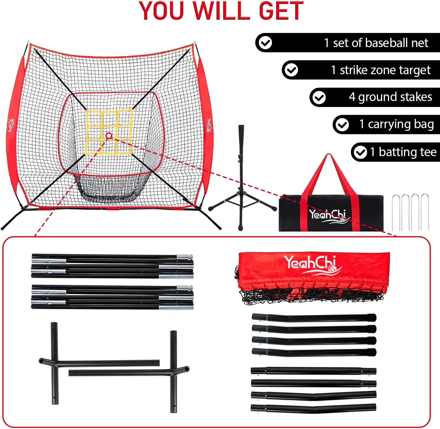Detalle de YeahChi 7x7 Ft Baseball and Softball Training Net with Tee and Strike Zone