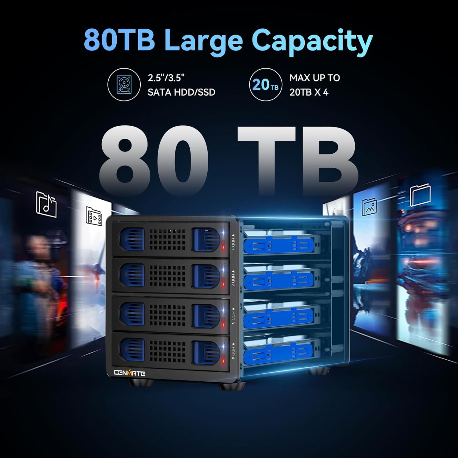 Thumbnail 1 de cenmate 4-Schacht Festplattengehäuse für 2,5/3,5" SATA HDD/SSD mit Lüfter und USB 3.0 (USB A/C)