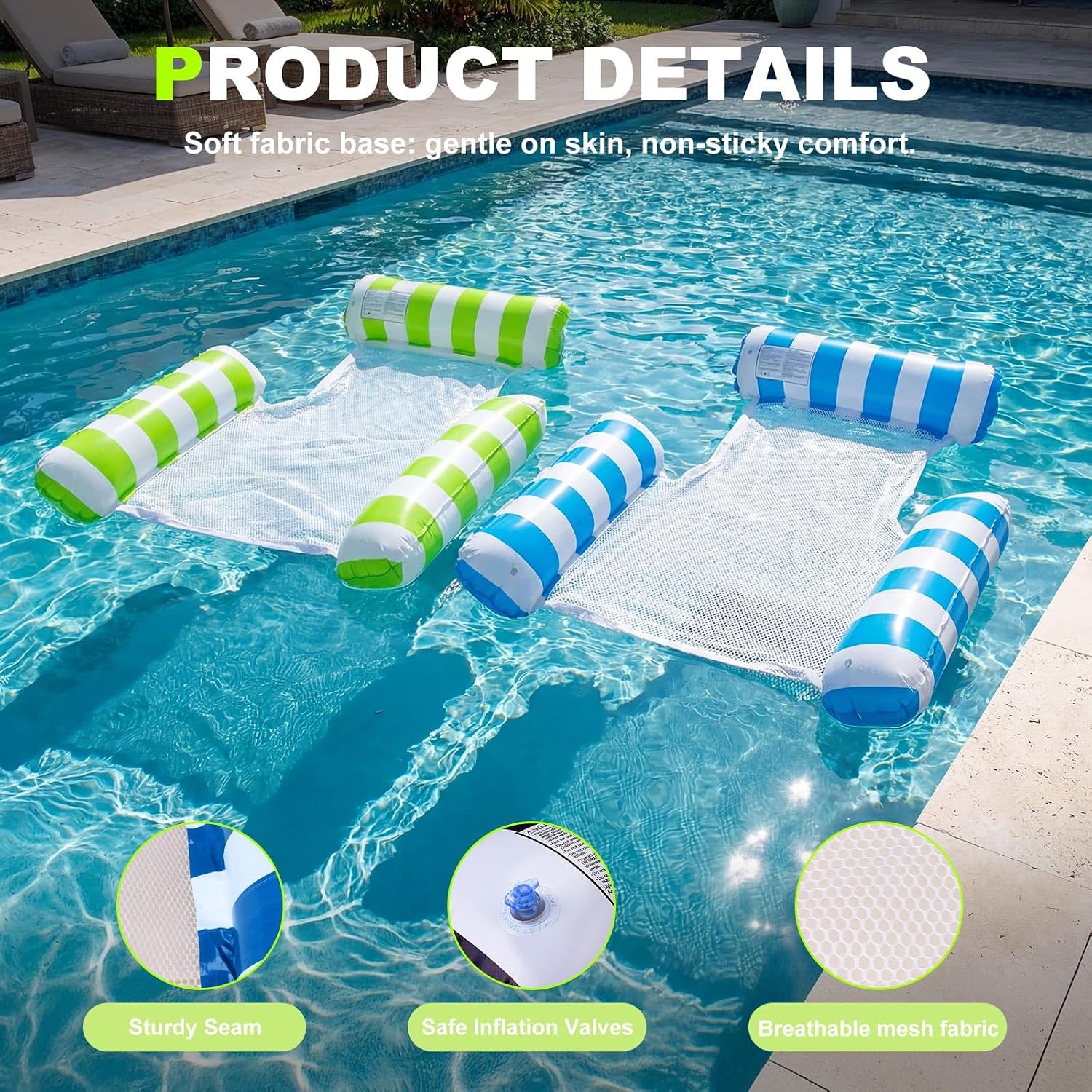 Detalle de SULIMRA 4-in-1 Inflatable Pool Floats Adult 2-Pack: Thick, Heavy-Duty Mesh Hammock Loungers
