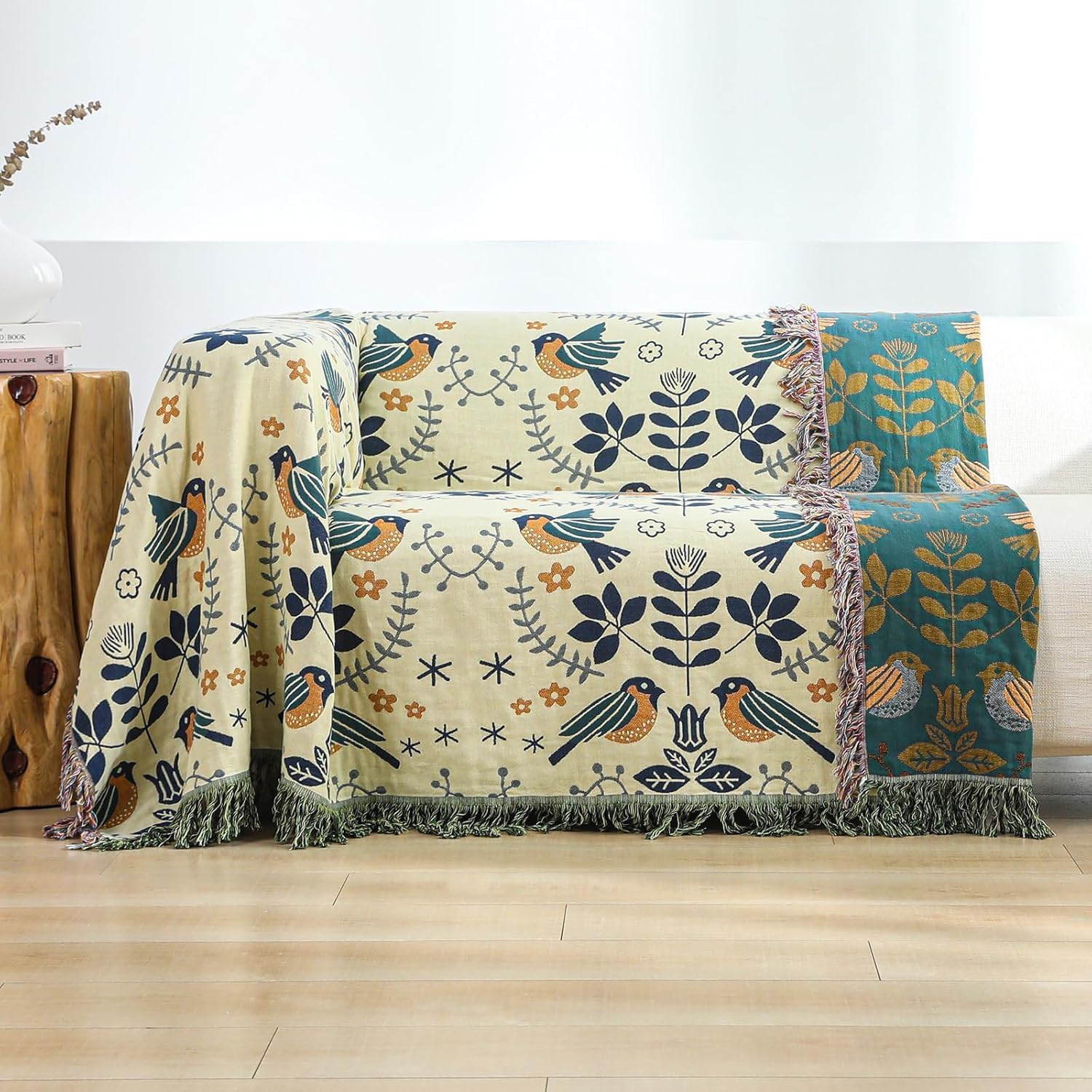 Thumbnail 6 de HOORDRY 150 x 200 cm Cotton Bed Throw with Tassels – Reversible Boho Blanket for Sofa or Bed (Green/White)