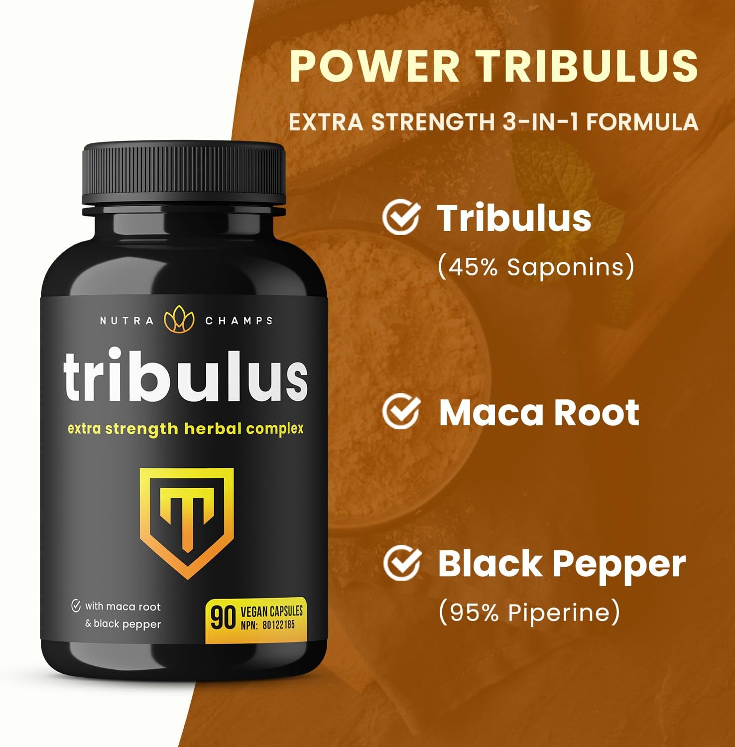 Detalle de NutraChamps 990166 Tribulus Terrestris Capsules, 90 Vegan, Maca & Black Pepper