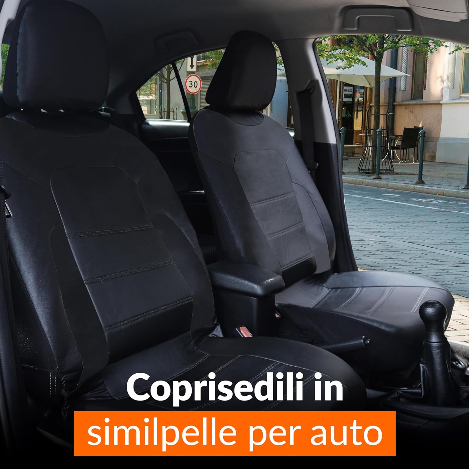 Detalle de Upgrade4cars Coprisedili auto universali in ecopelle nero (set completo anteriore e posteriore, 9 pezzi)