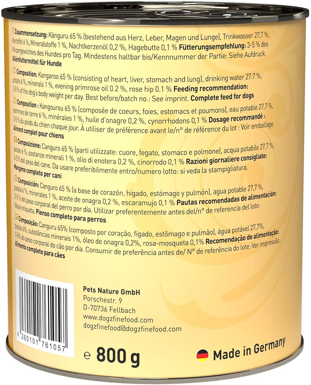 Detalle de dogz finefood N° 6 mokra karma z kangurem, bez zbóż i dodatku cukru, 6 × 800 g