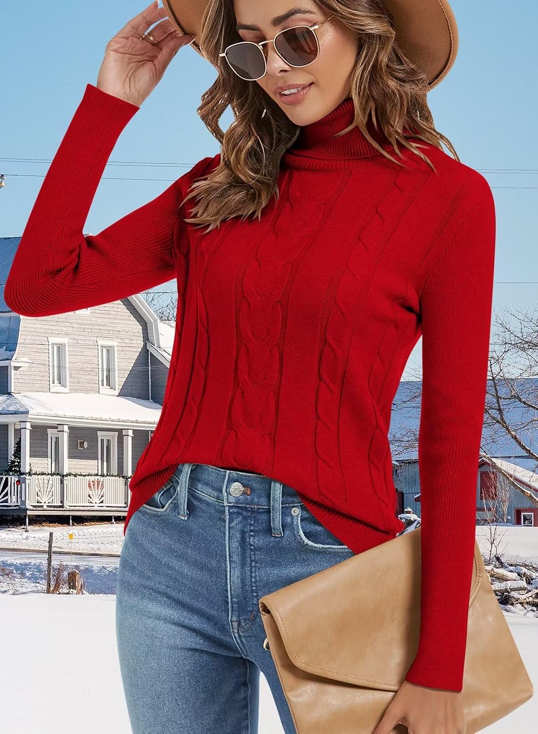 Detalle de JOCAFIYE Women's Cable-Knit Turtleneck Sweater, Long-Sleeve Stretch Pullover