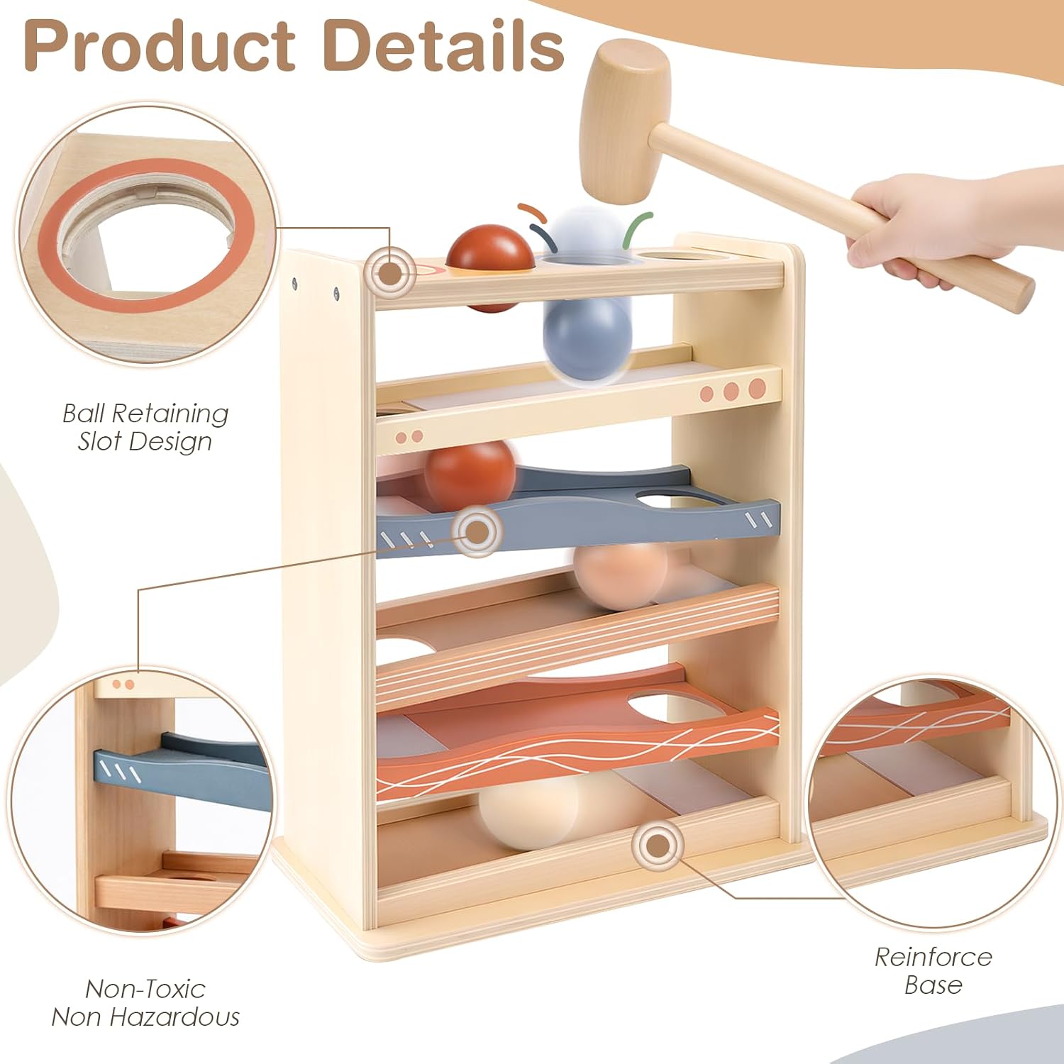 Detalle 1 de Vanplay MZ009 Montessori Wooden Ball Drop Toy with Hammer and 4 Balls