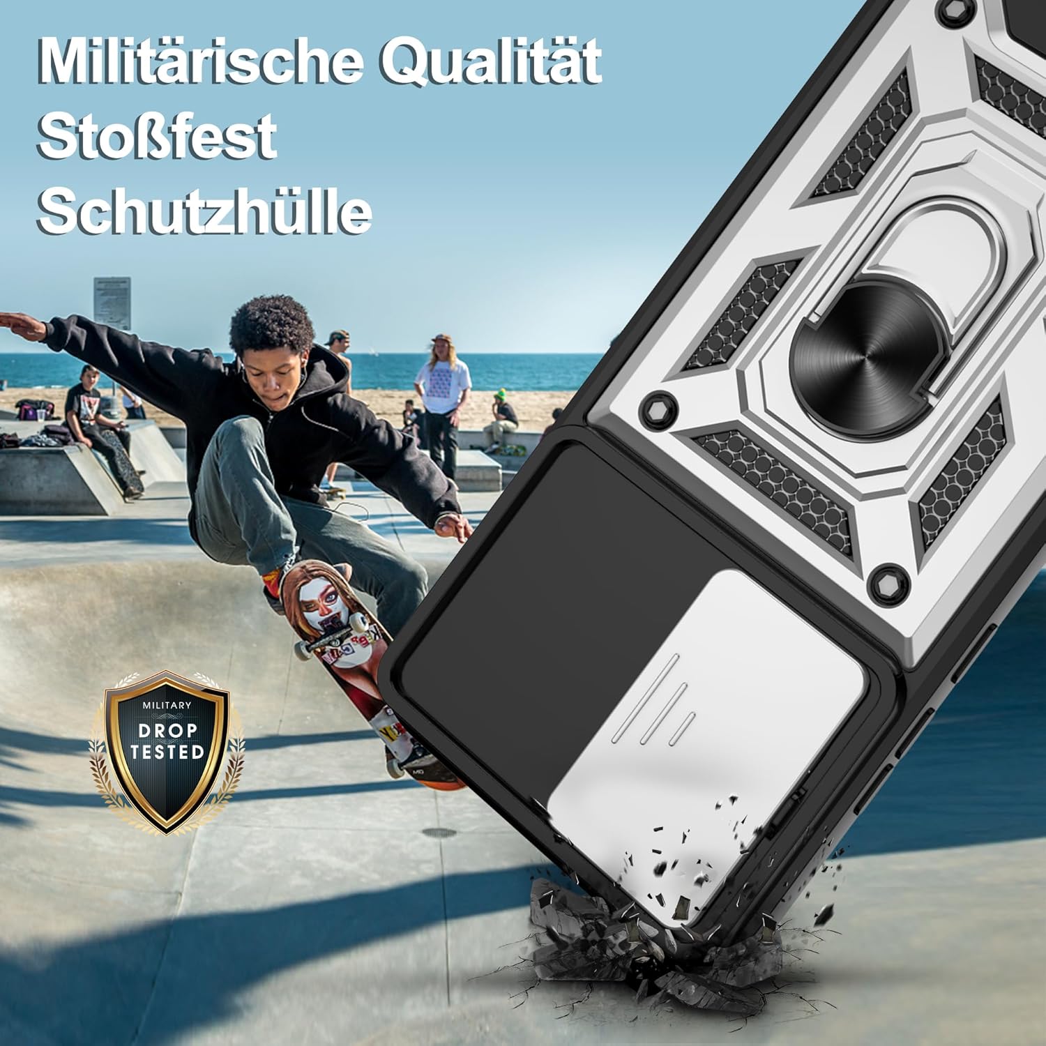 Detalle de Jshru Hülle für Xiaomi Poco F7 – Militärischer Schutz, slide Kameraschutz und 360° Ringständer (Silbrig)