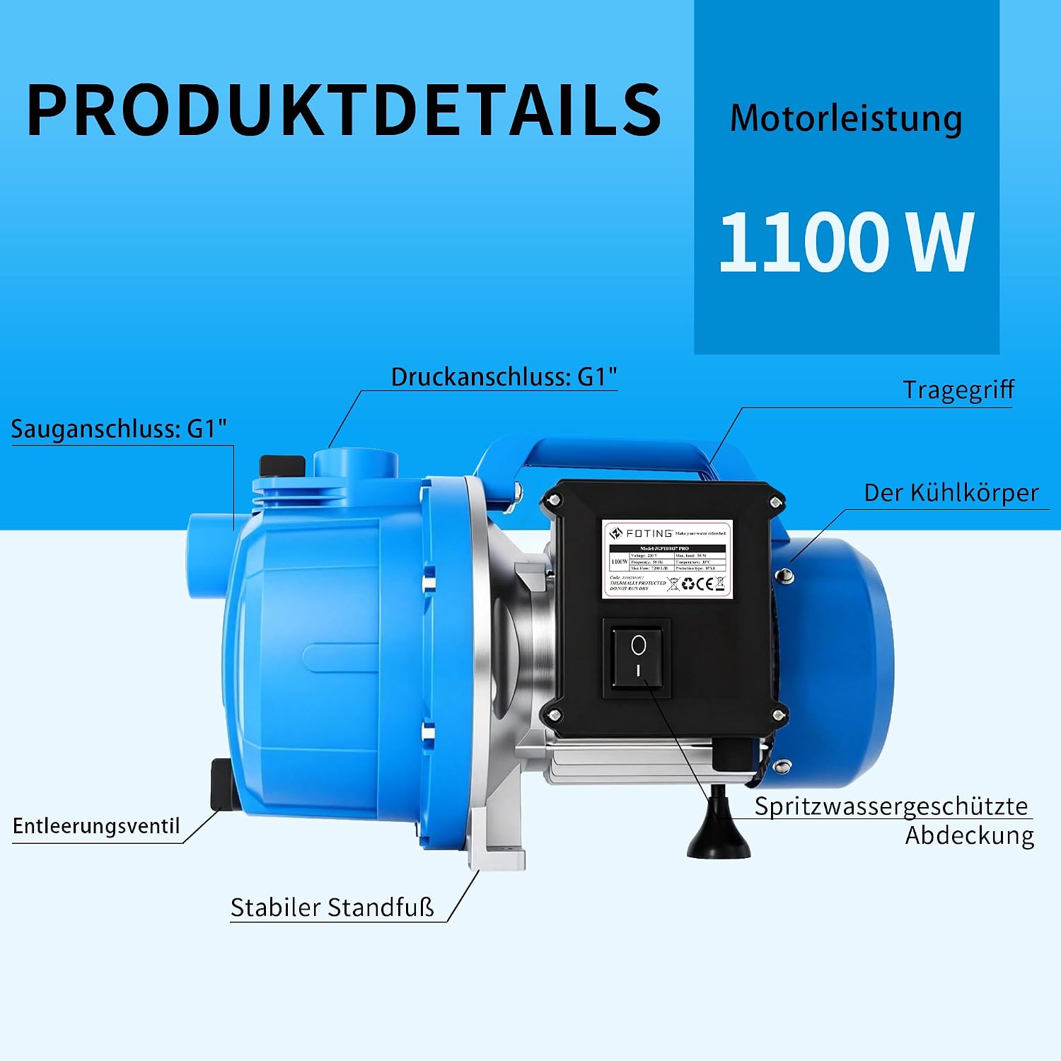 Detalle de FOTING Gartenpumpe 1100 W – 7.200 l/h, 50 m Förderhöhe, 4,5 bar Druck, IPX4, mit Tragegriff