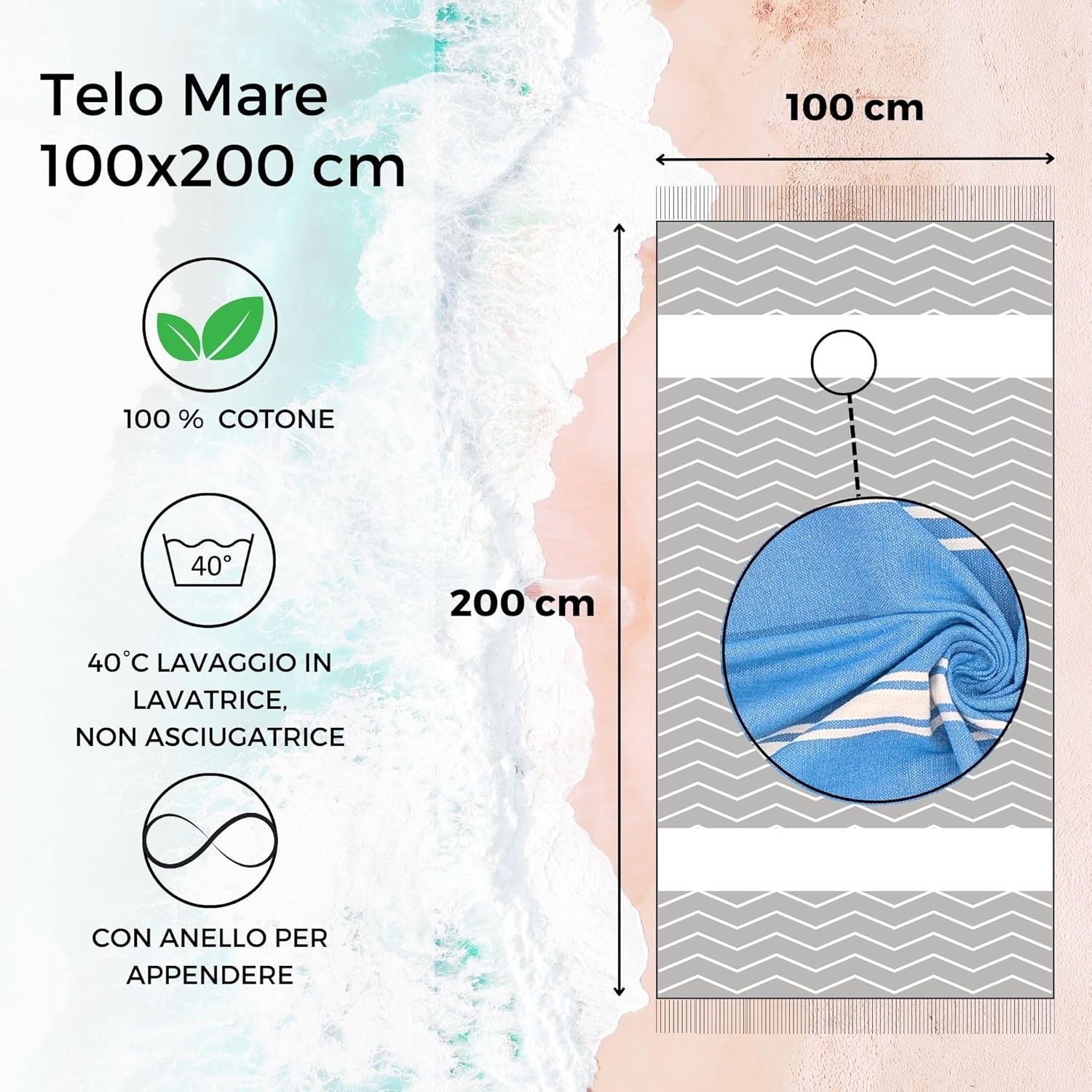 Thumbnail 2 de furora HOLIDAY Telo Mare Cotone Grande 200x100 cm – Ultra Leggero e Asciugatura Veloce