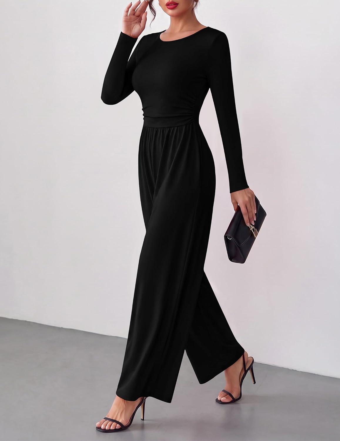 Detalle de Ekouaer Women's Long-Sleeve Jumpsuit with Wide Legs and Ruched Waist