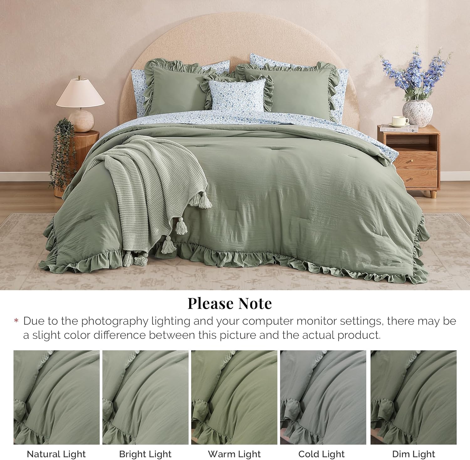 Thumbnail 6 de BLOOMHAVEN Queen Comforter Set - 7 Pieces, Ruffle Sage Green with Floral Sheets