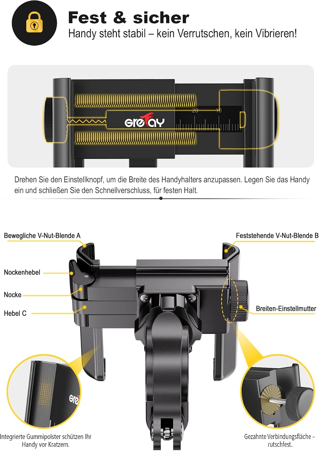 Detalle de Grefay Handyhalterung Fahrrad Universal Motorrad – 360° Drehung, 3,5–7,0 Zoll, Schnellmontage