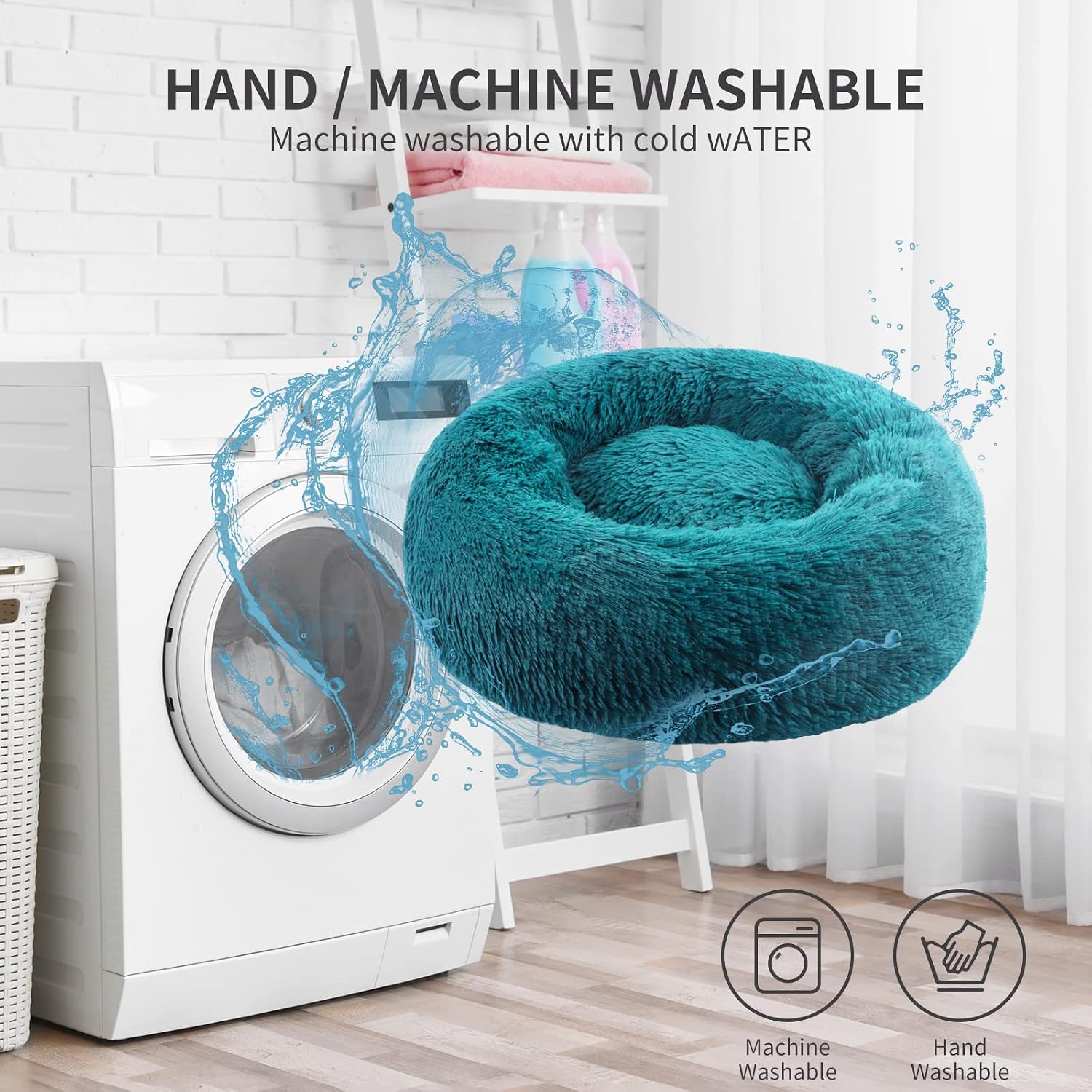 Detalle de BVAGSS Rundes Hundebett & Katzenbett im Donut-Design (Ø 80 cm), Cyan – waschbarer Plüsch-Kuschelkissen