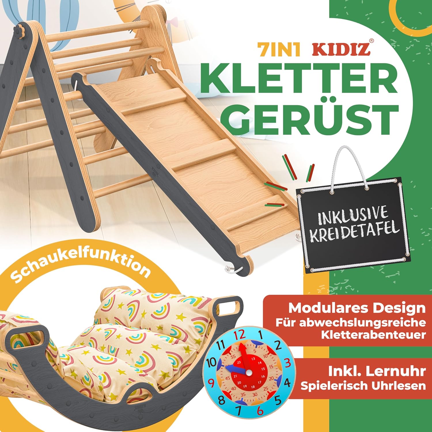 Detalle 2 de Kidiz 7in1 Klettergerüst Montessori – Indoor Spielset aus Holz für Kleinkinder ab 1 Jahr