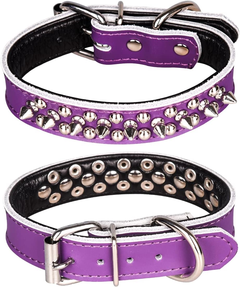 Thumbnail 4 de haoyueer Genuine Leather Spiked Studded Dog Collar (Adjustable, Nickel-Plated Hardware) – Large, Purple