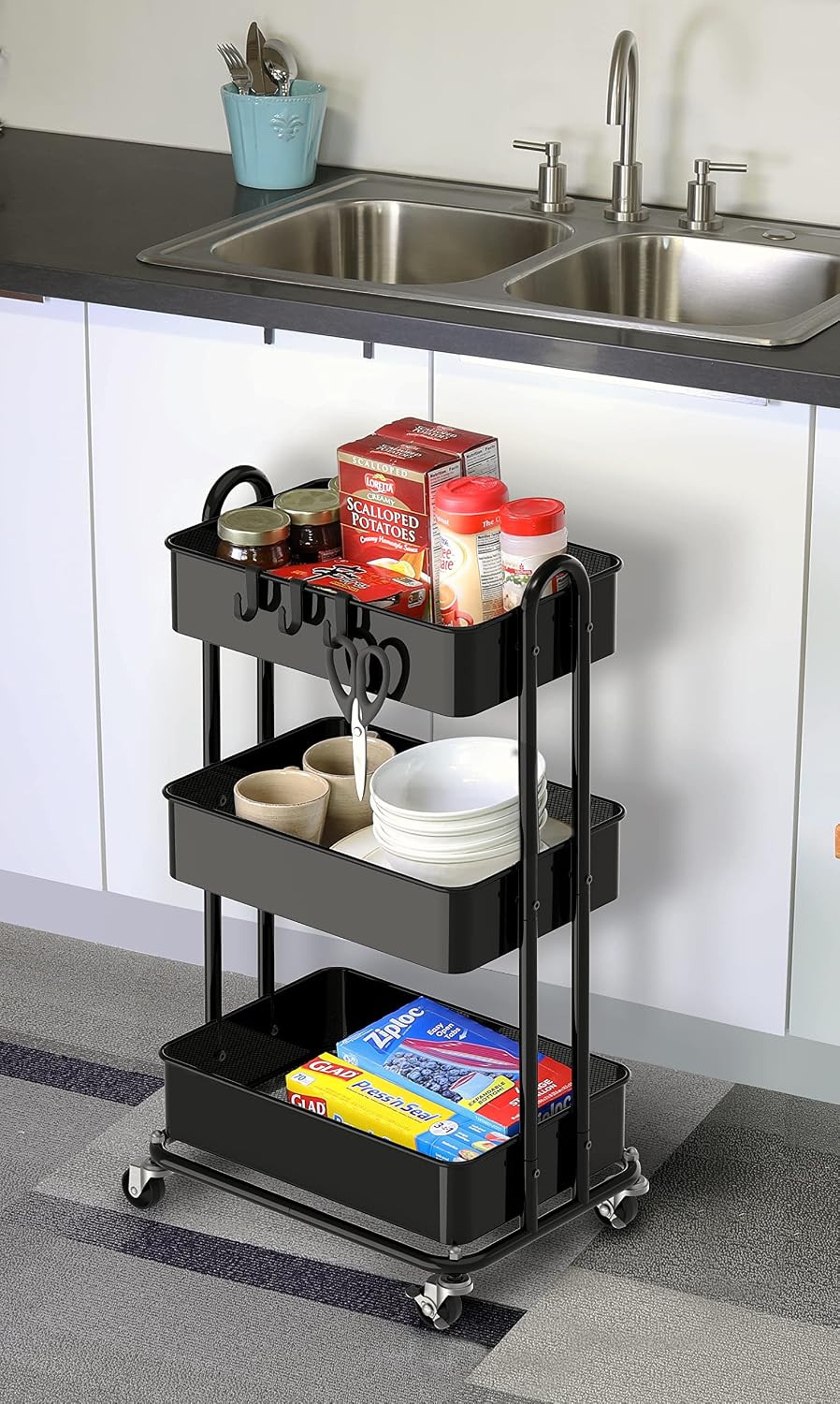 Detalle de Simple Houseware CB-10C-1 3-Tier Metal Utility Rolling Cart, Black