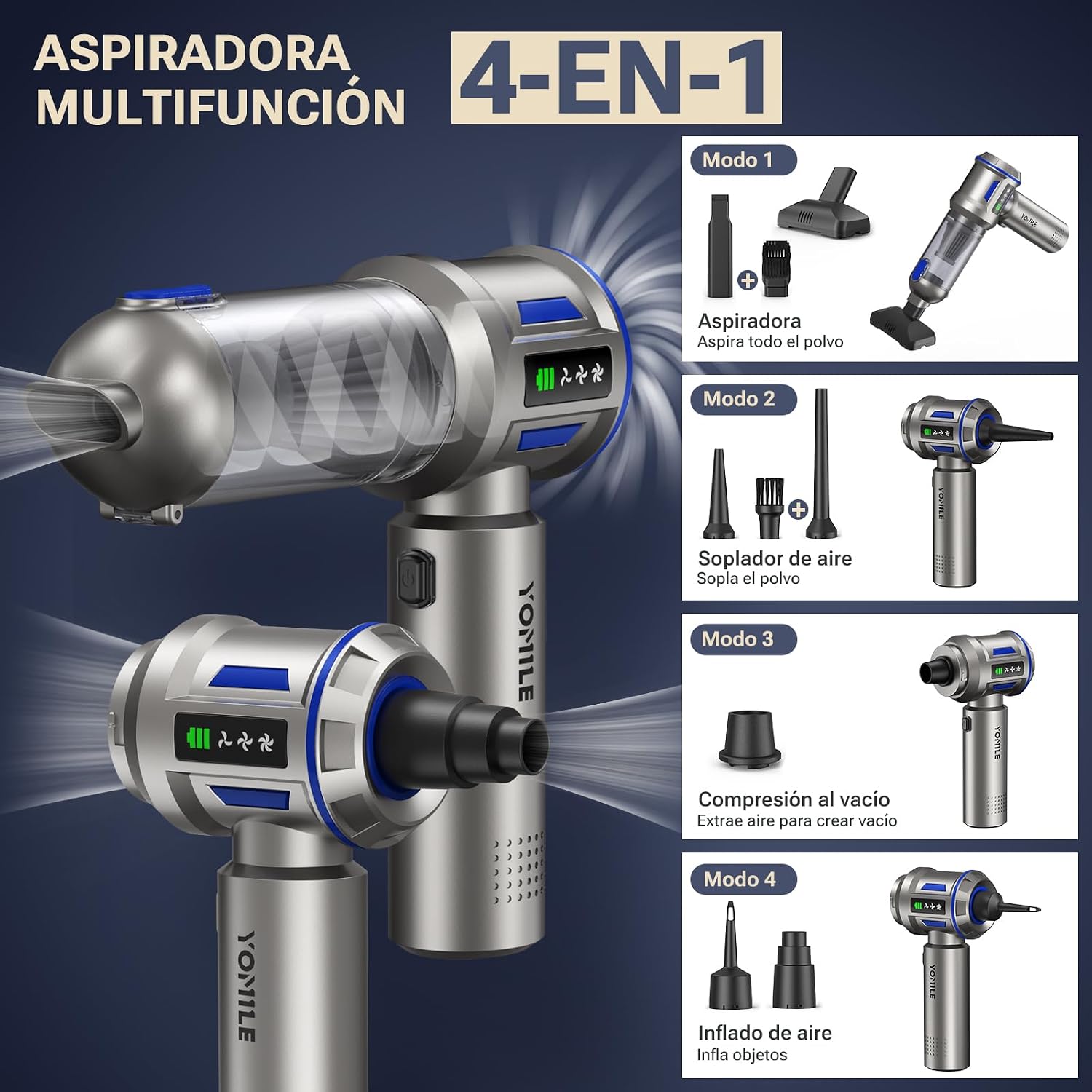 Detalle 2 de Yomile Aspirador de Mano 4 en 1 sin cable 27.000Pa/120W (27000Pa) con batería 9000mAh y USB‑C