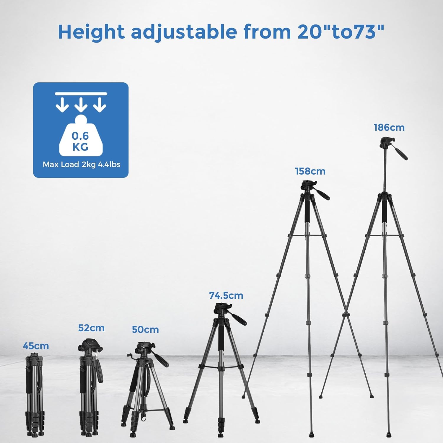 Detalle 2 de LINKCOOL 74 Inch Tall Aluminum Camera Tripod Stand with Detachable Head and Phone Mount – Titanium Grey