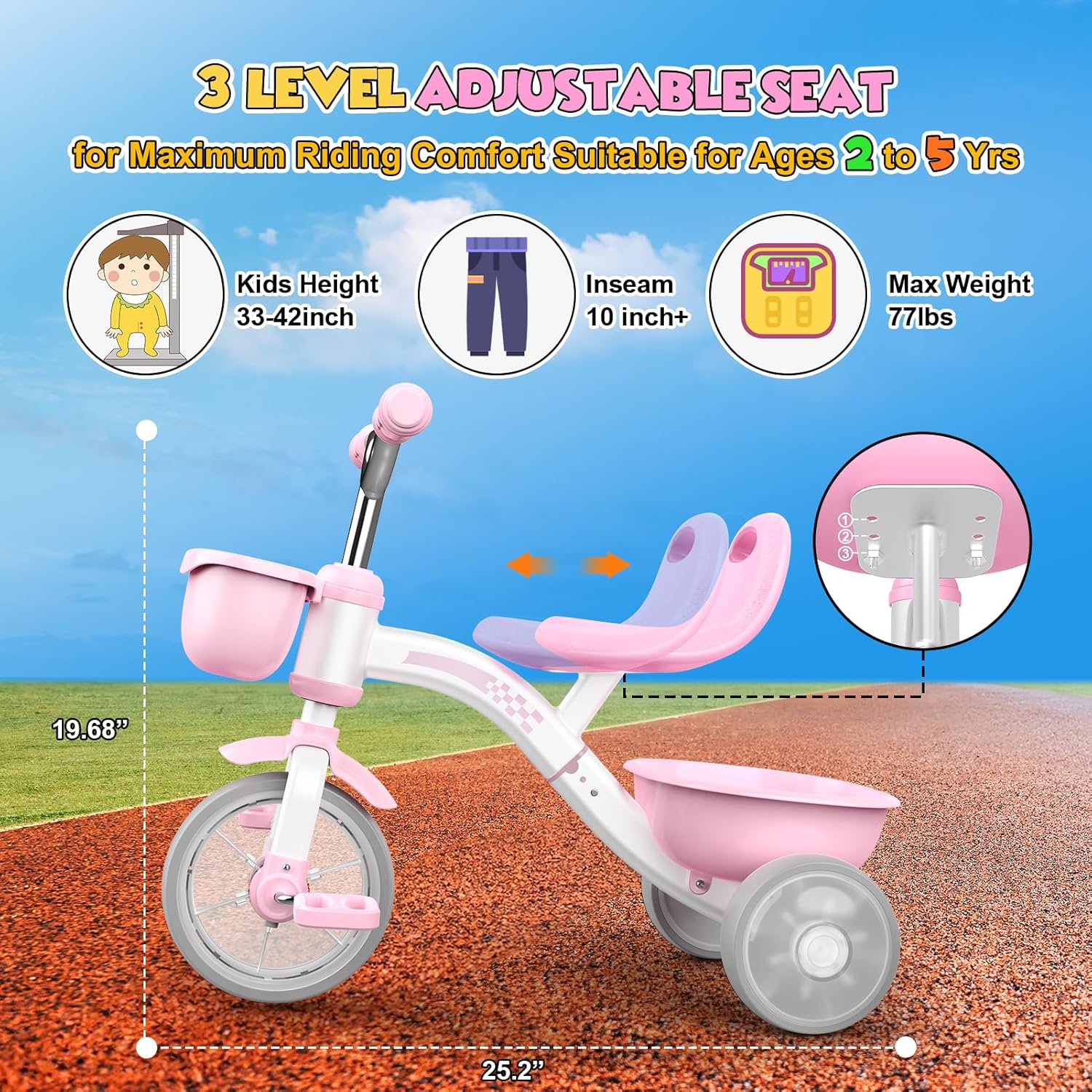 Thumbnail 5 de HappyGoLucky Pink 3-Wheel Tricycle with Lighting Wheels, Adjustable Seat (for ages 2–5)