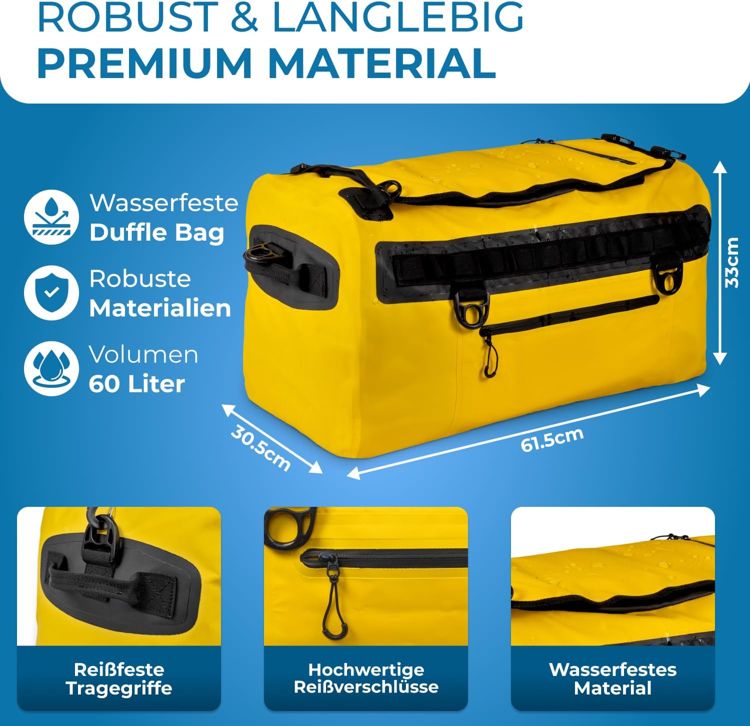 Detalle 1 de STYNGARD Reisetasche wasserdicht mit Rucksackfunktion „Hamburg“ (60 l) – 3in1 Duffle Bag, gelb